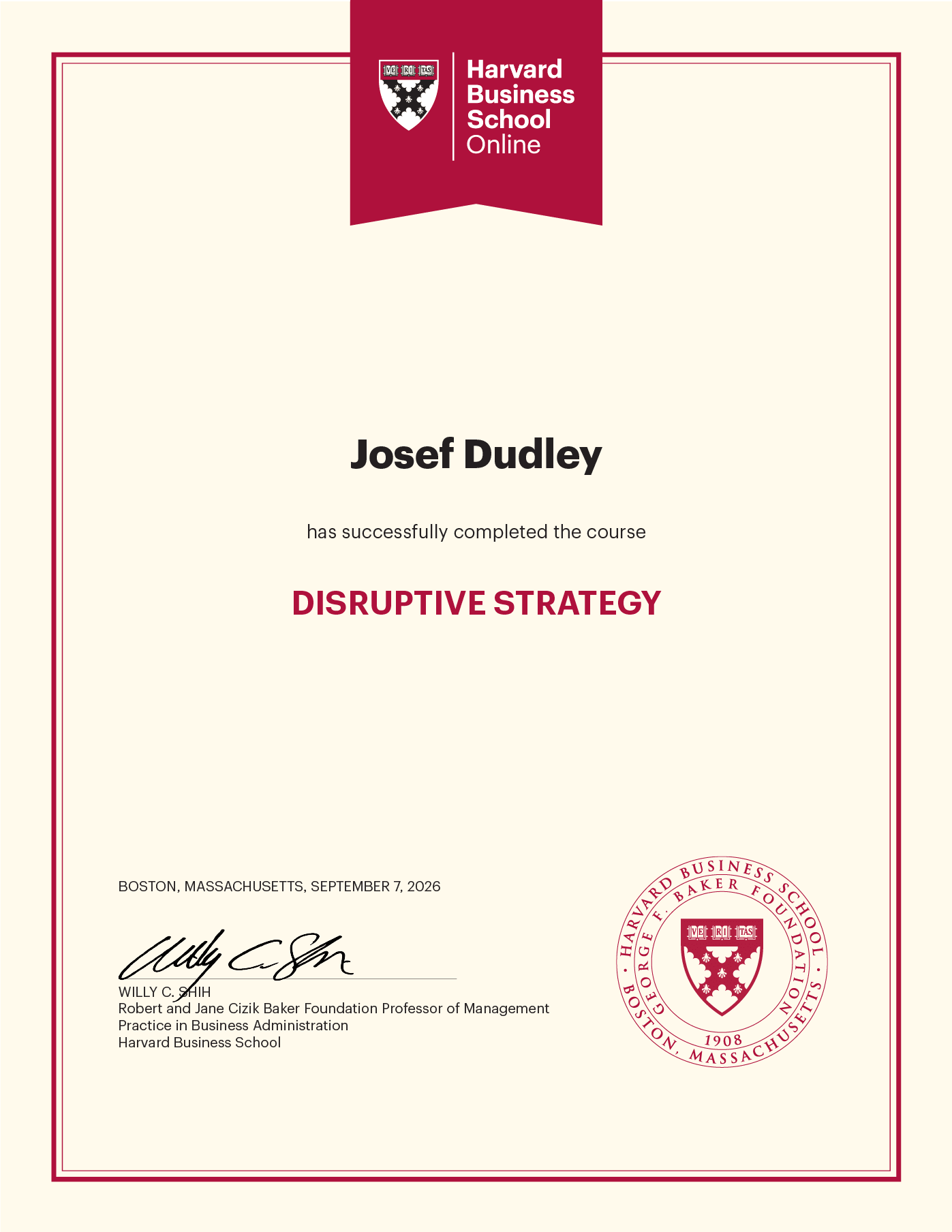 Harvard Business School Online certificate awarded to Suchi Srinivasan for completing the Disruptive Strategy program.