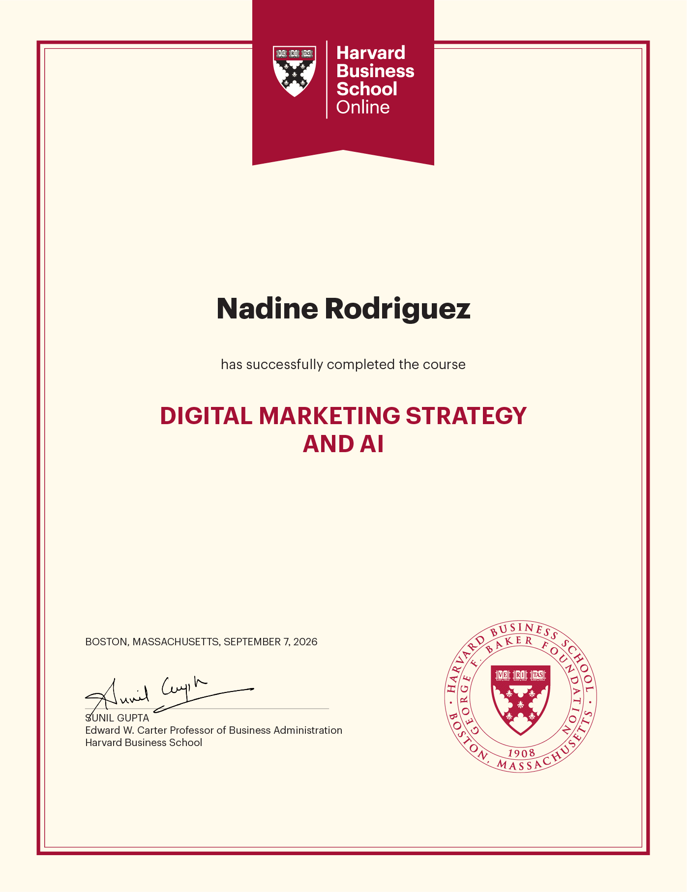 Certificate of completion for Nadine Rodriguez in Digital Marketing Strategy from Harvard Business School Online.
