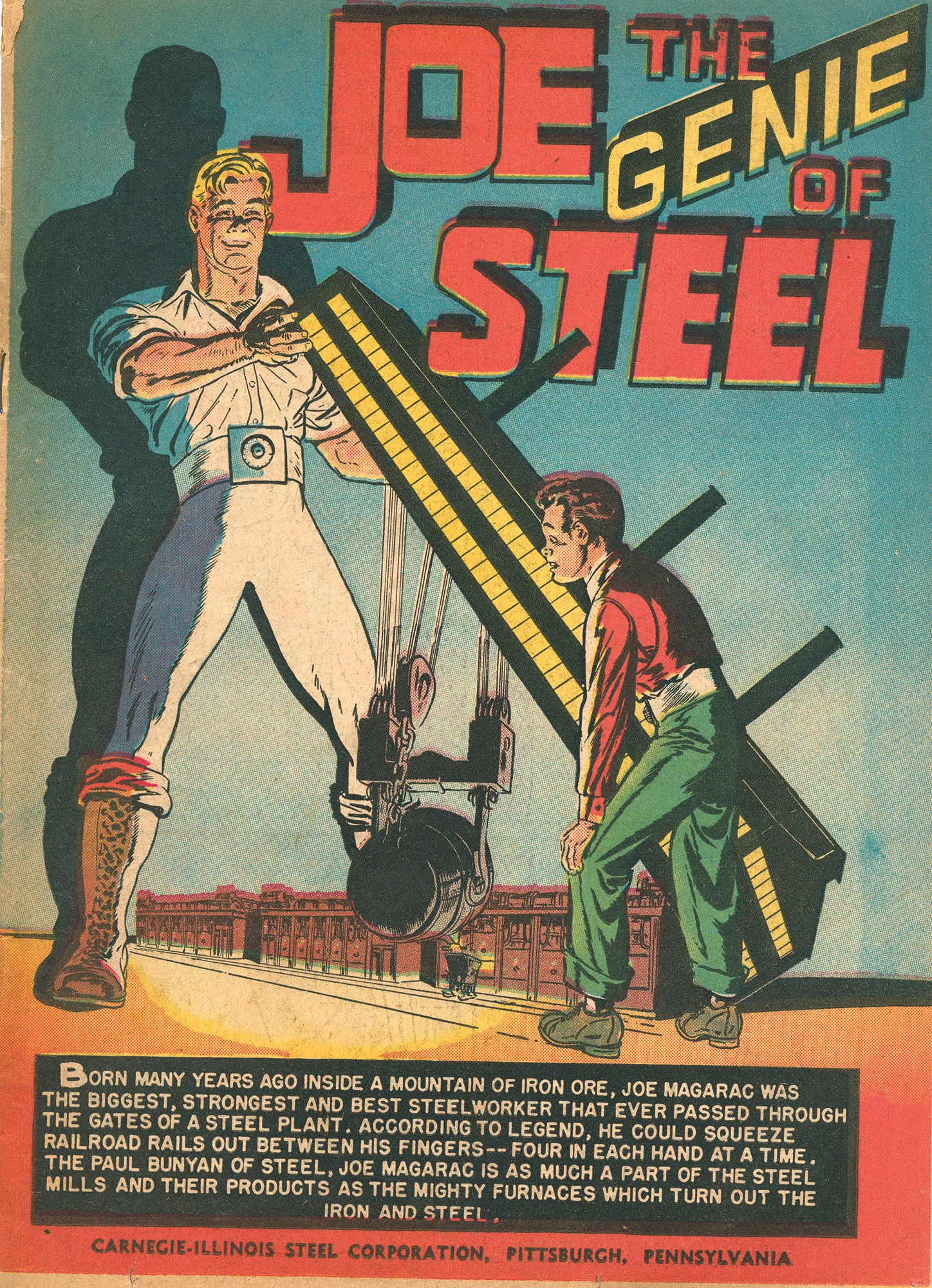 Colorful comic cover featuring Joe Magarac, a giant steelworker lifting machinery, titled Joe the Genie of Steel.