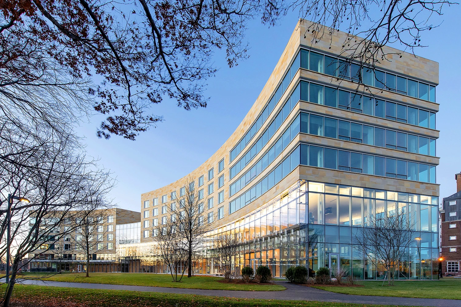 Tata hall exterior building view with lights on