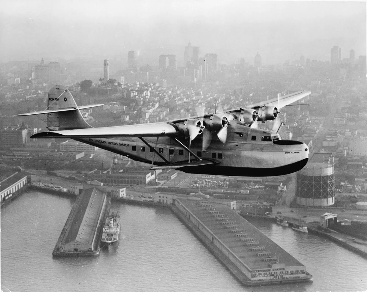 Aerial view of Pan American Airways "China Clipper" over San Francisco, c. 1936. Prints & Photographs Division, Library of Congress, LC-USZ62-111417.