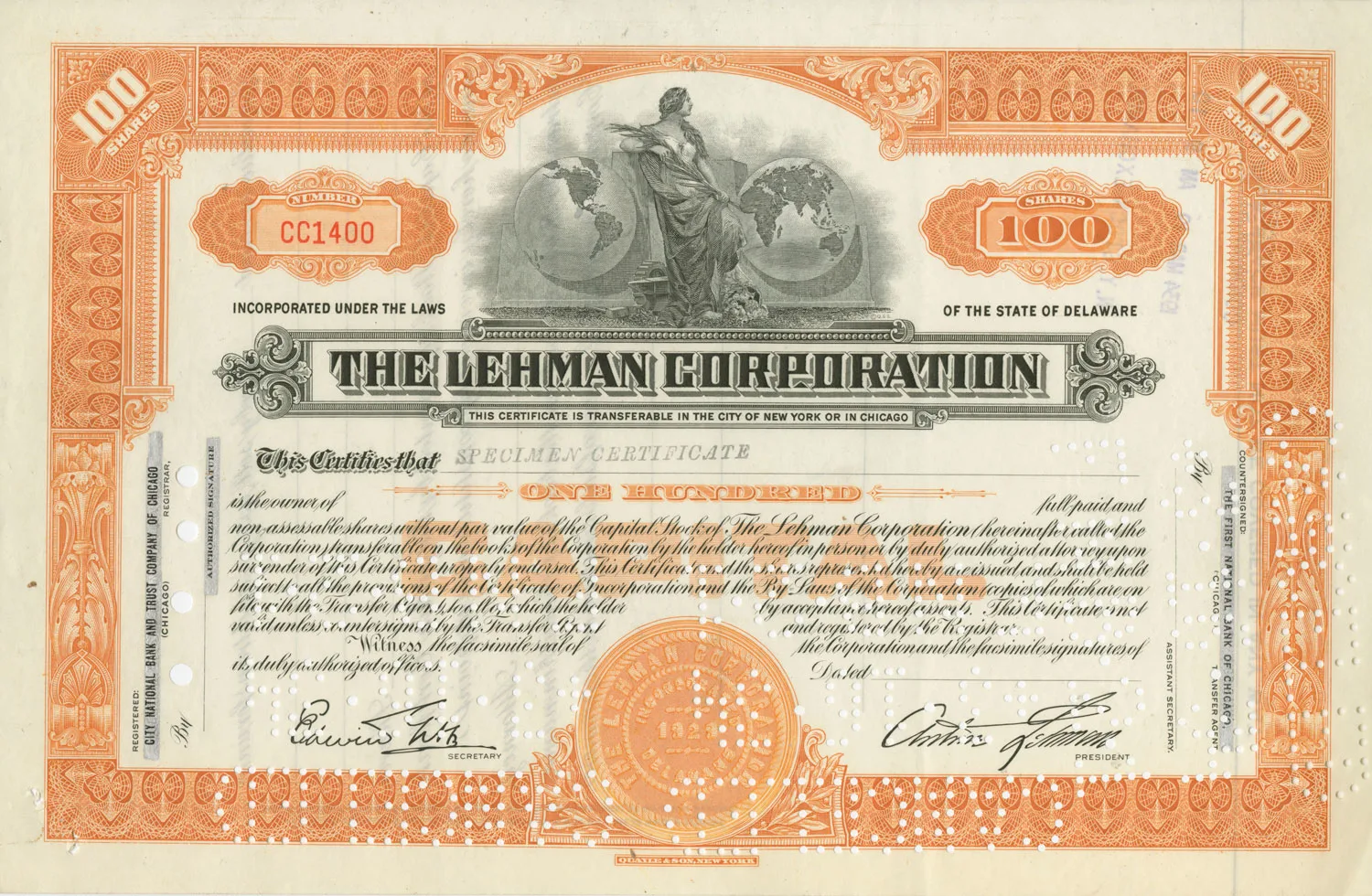 Lehman Corporation Stock Certificate, 1929. New York Stock Exchange Archives.