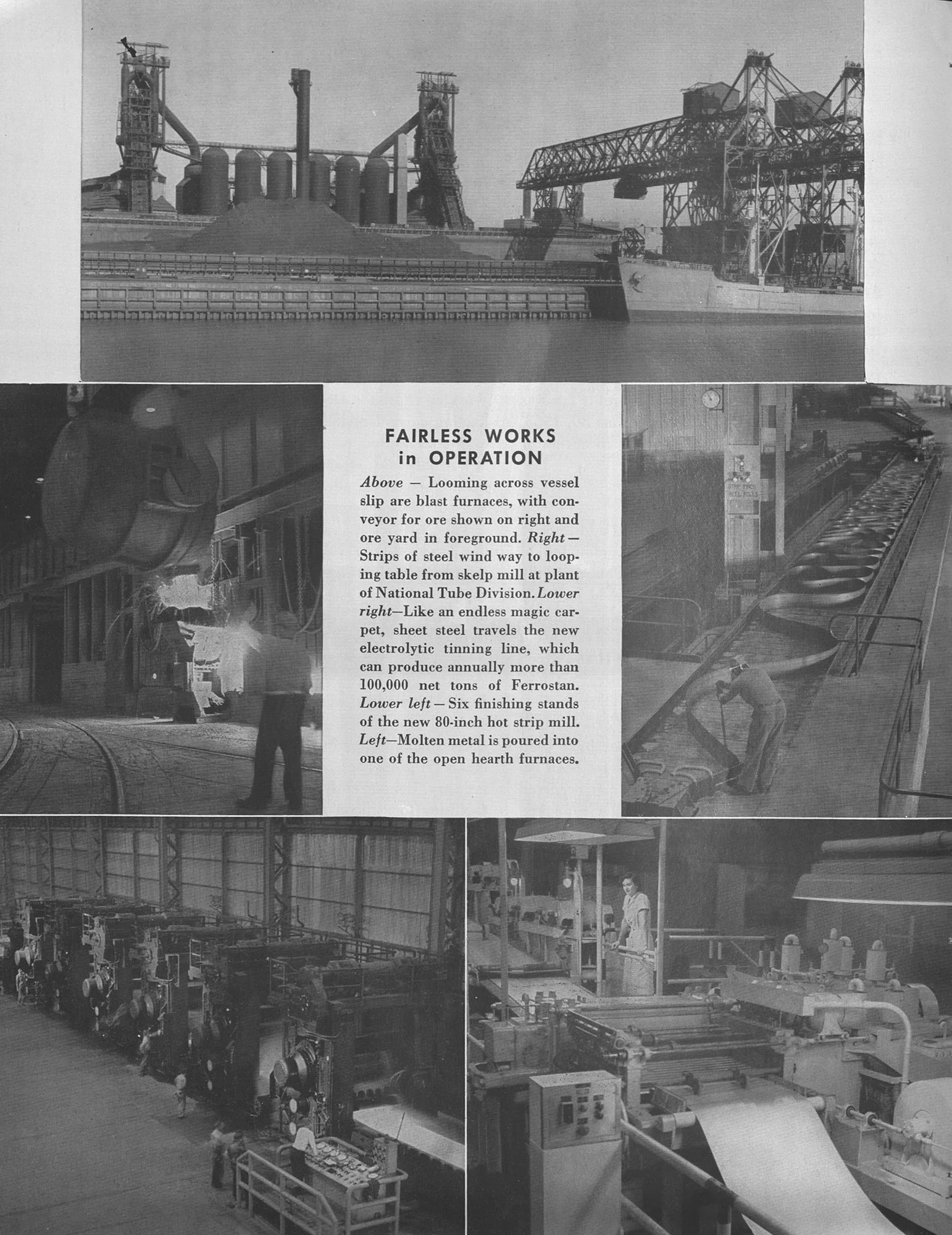 Montage of Fairless Works steel plant scenes including blast furnaces, molten metal pouring, rolling mills, and tinning line.