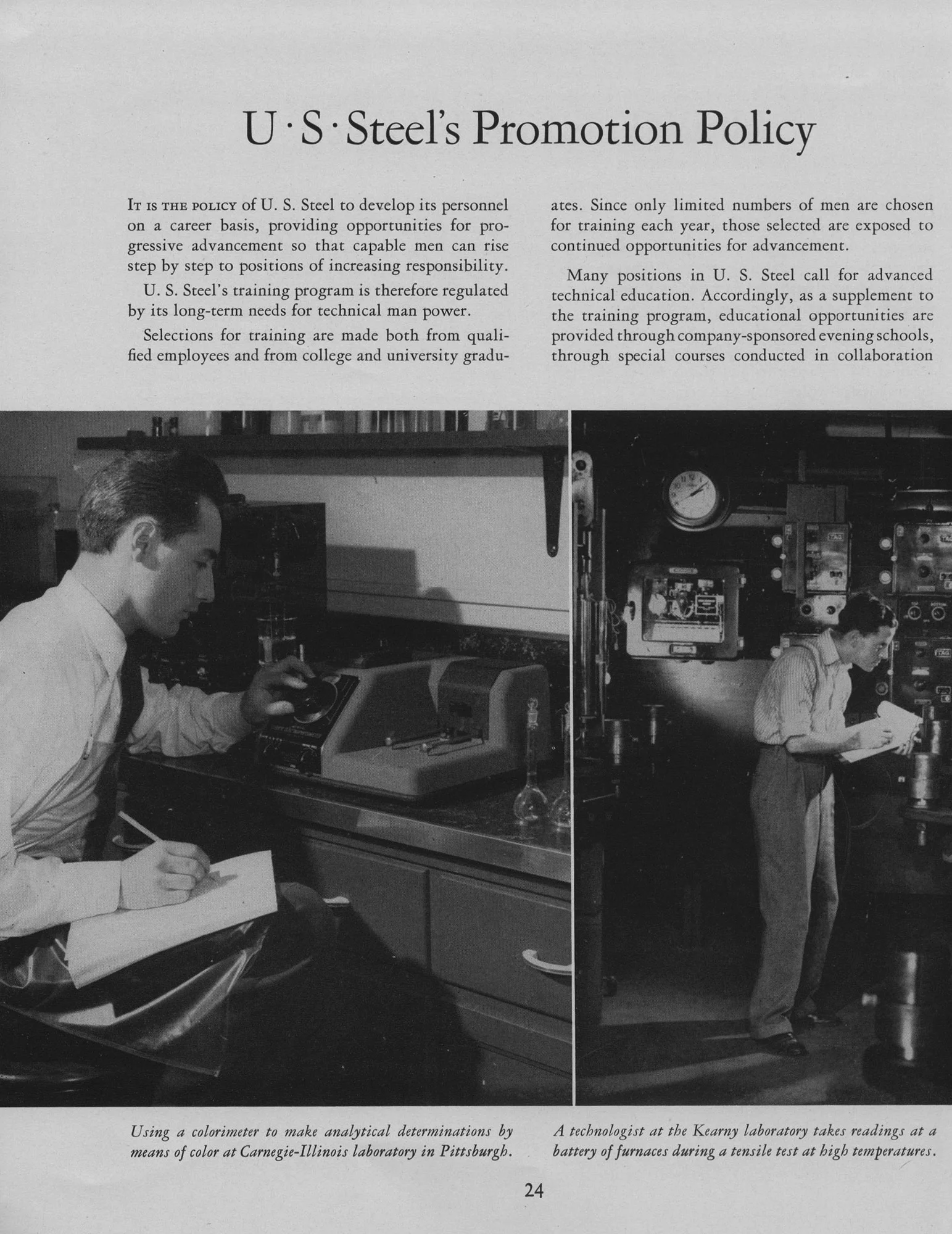 Two U.S. Steel lab workers conduct tests—one using a colorimeter in Pittsburgh, another recording furnace data in Kearny.