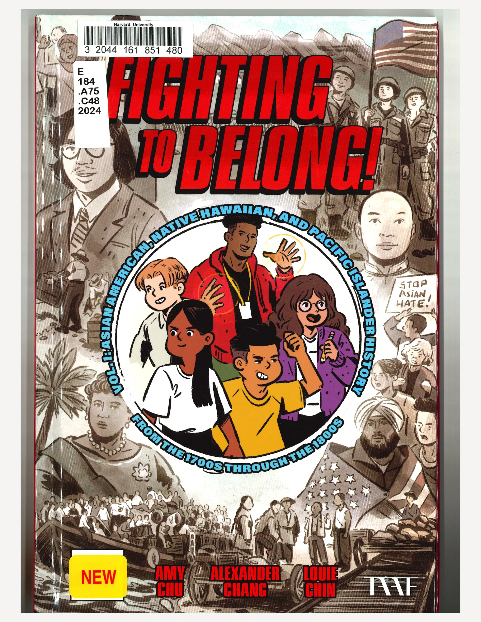 A book cover titled "Fighting to Belong!" covered in the images of historical events and figures.