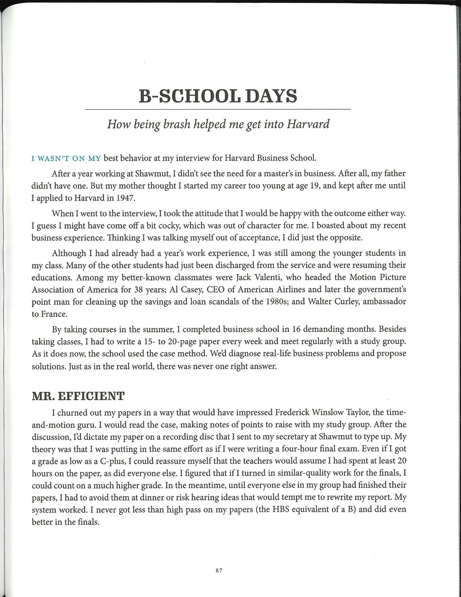 The beginning page of a chapter titled "B-School Days"