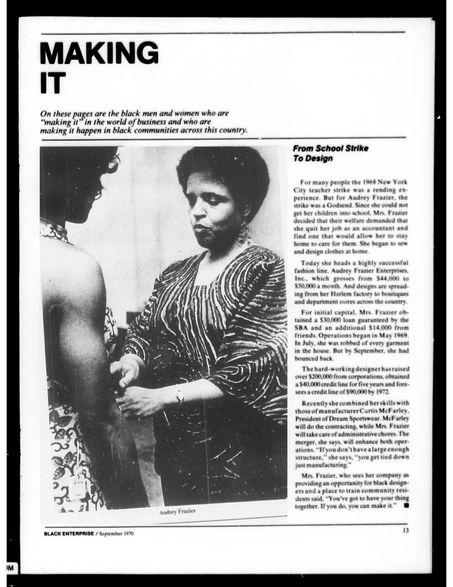 An article on successful Black business people; one woman arranging the dress of another