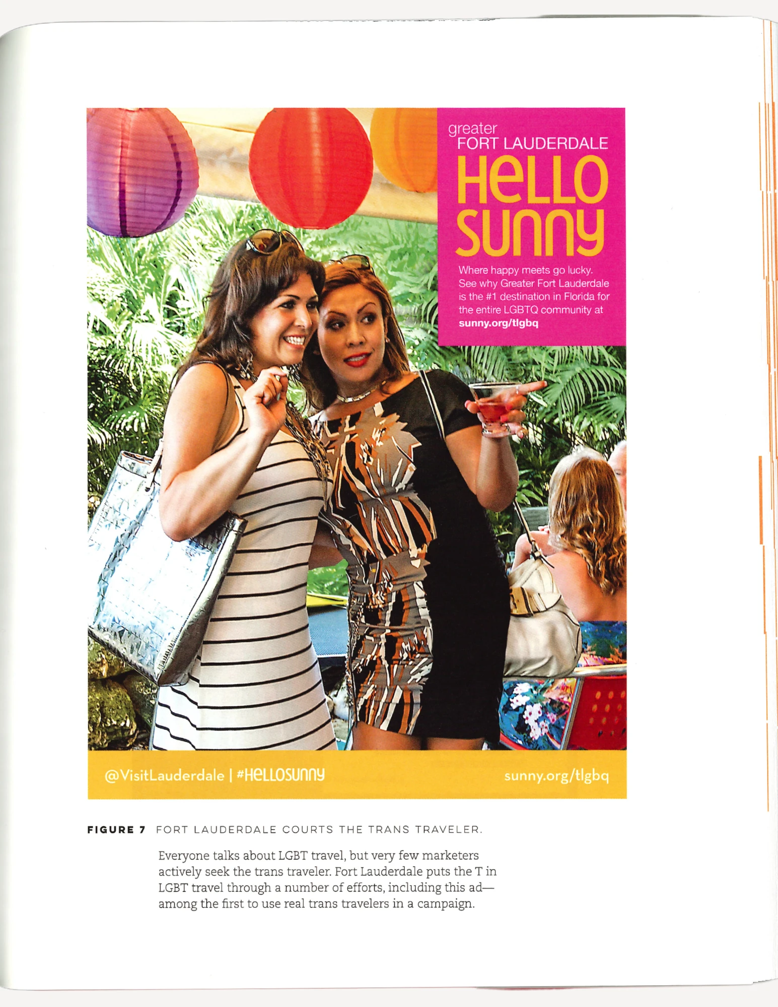 An advertisement for Fort Lauderdale featuring two trans women of color in fun dresses with palm fronds in the background. The women are wearing patterned dresses and looking off to the side. There are paper laterns above.