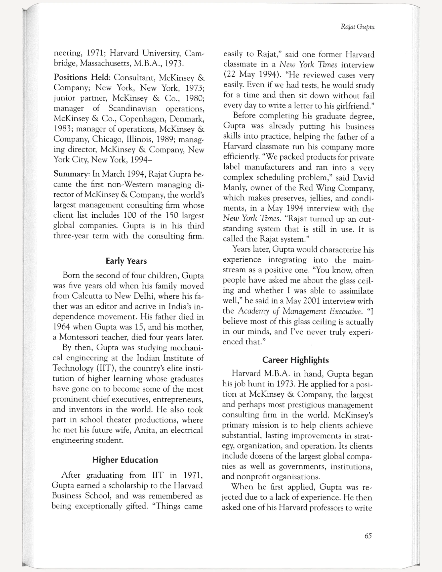 Scan of a book page describing Rajat Gupta's life.