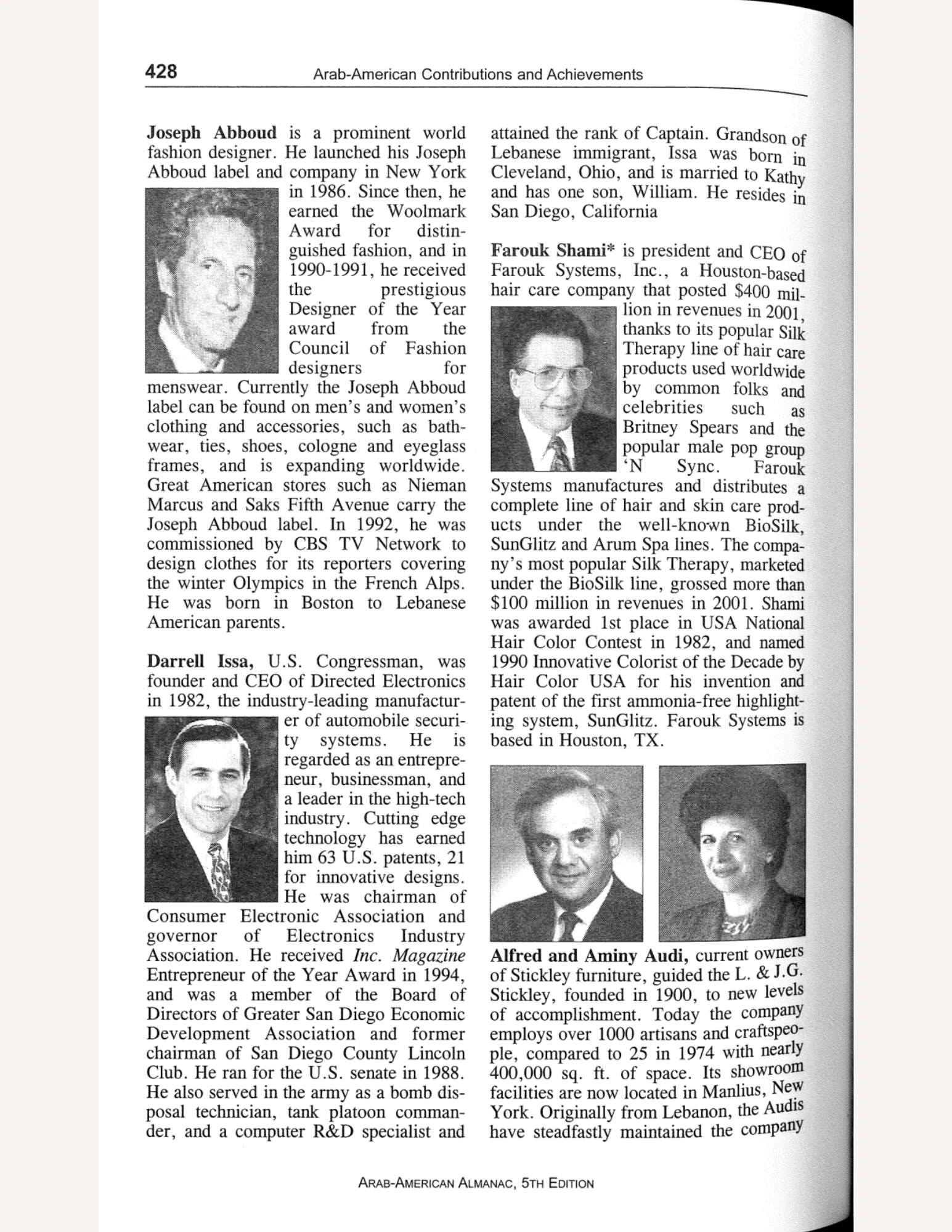 The business/finance section of the almanac. It includes text entries on prominent figures with some related images.