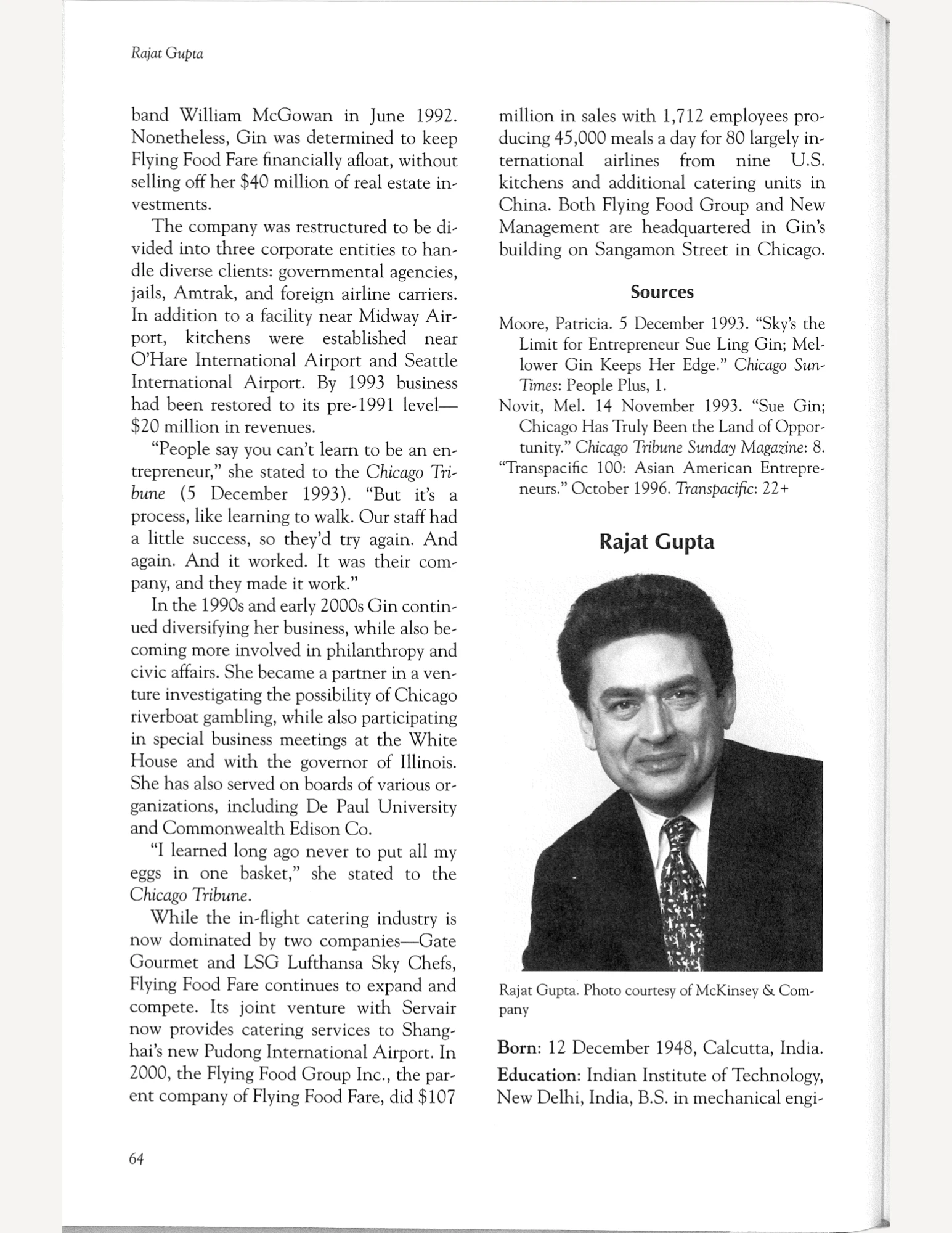 Scan of a book page featuring Rajat Gupta's profile photo.