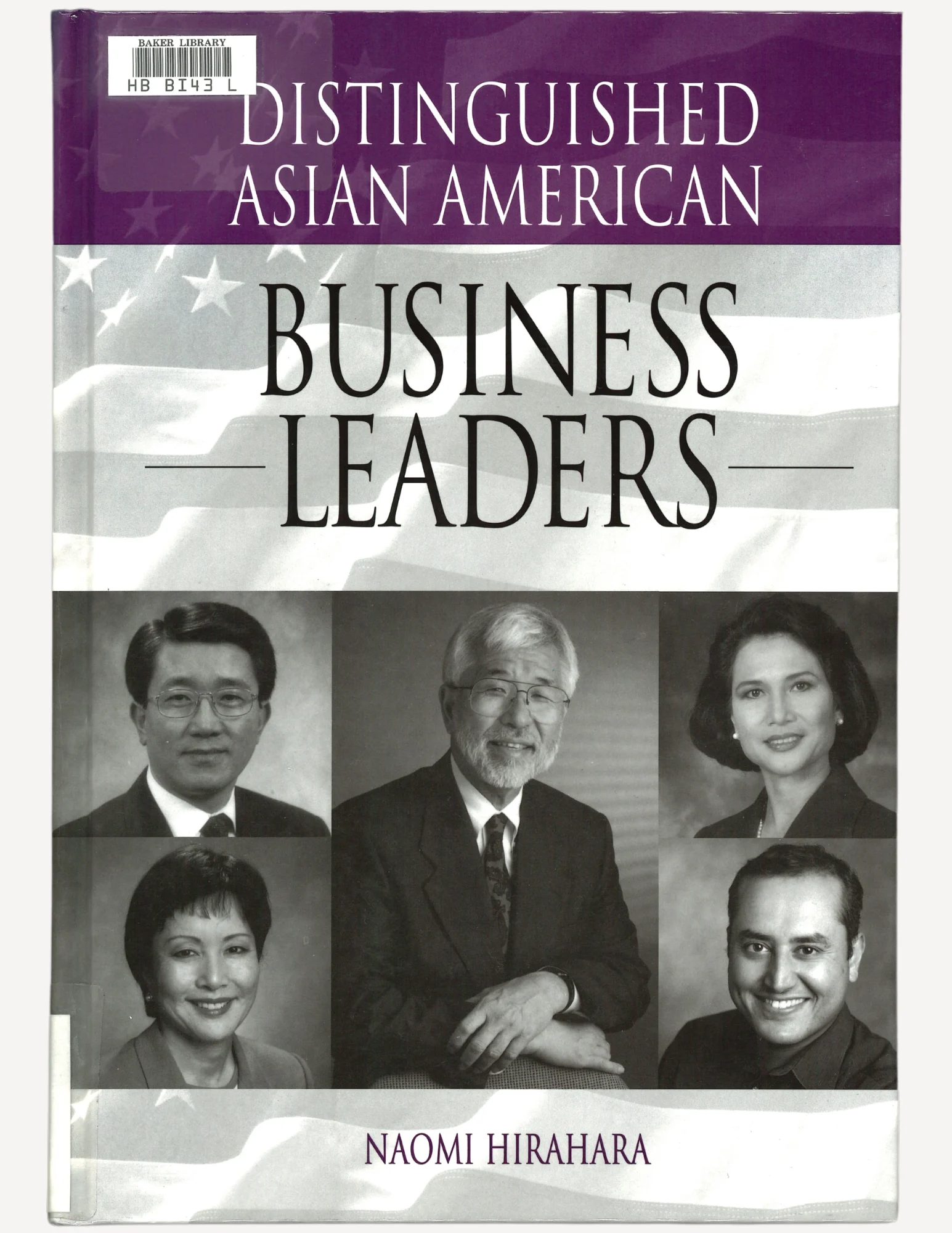 A book cover with a purple header and a black and white background of the USA flag. There are also 4 Asian American profile photos featured.