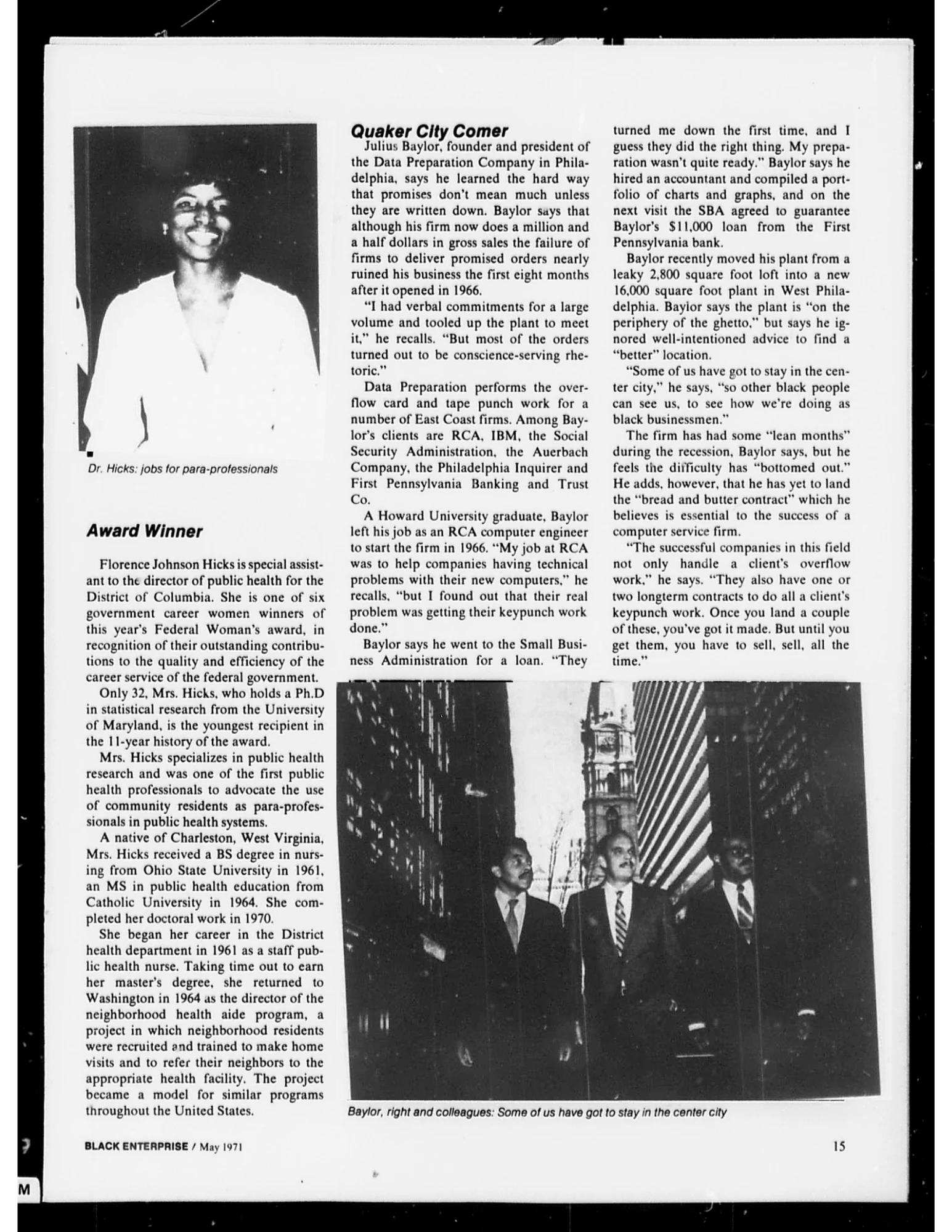 An article on successful Black business people; a woman who won the Federal Woman's award and the founder of a data preparation company