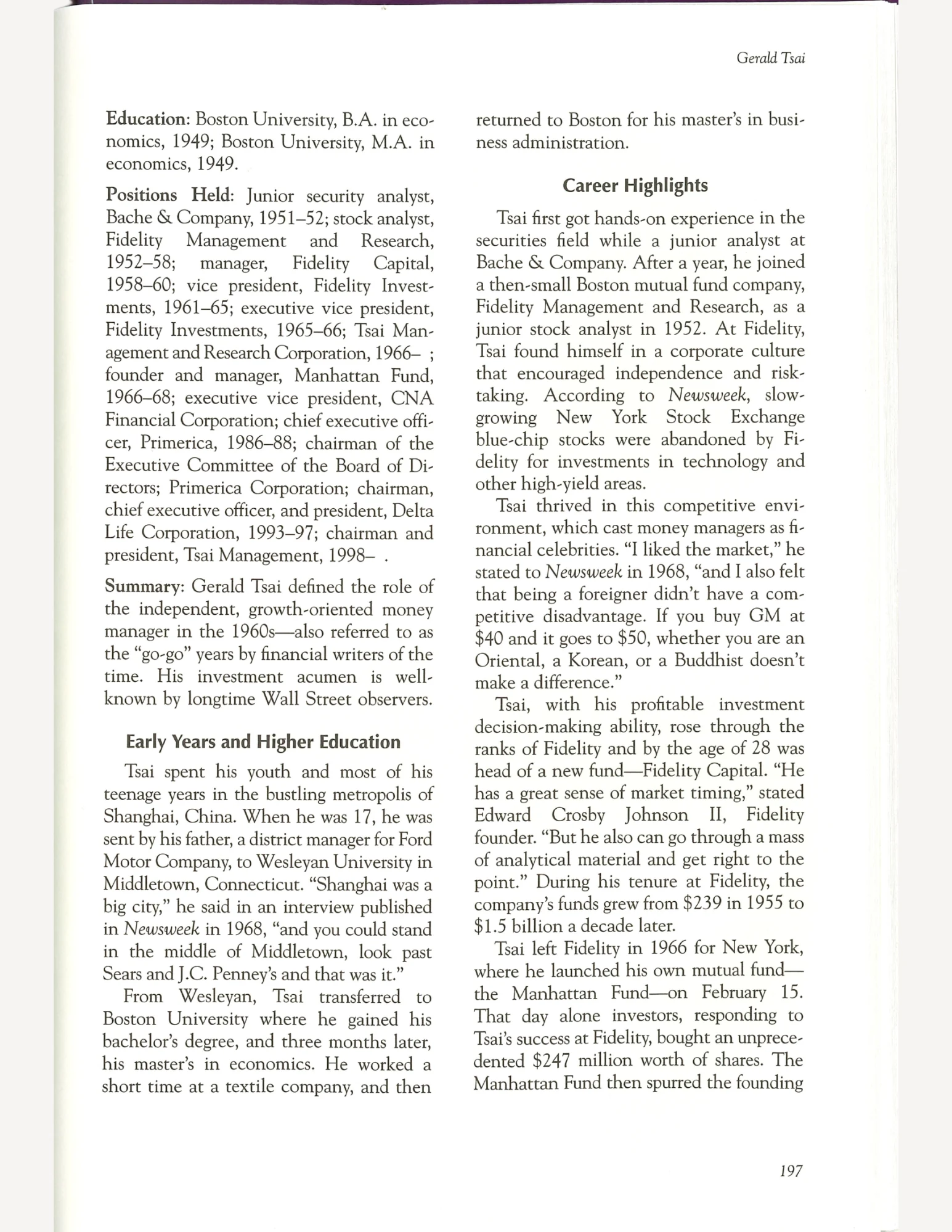 Scan of a book about Geald Tsai's life.