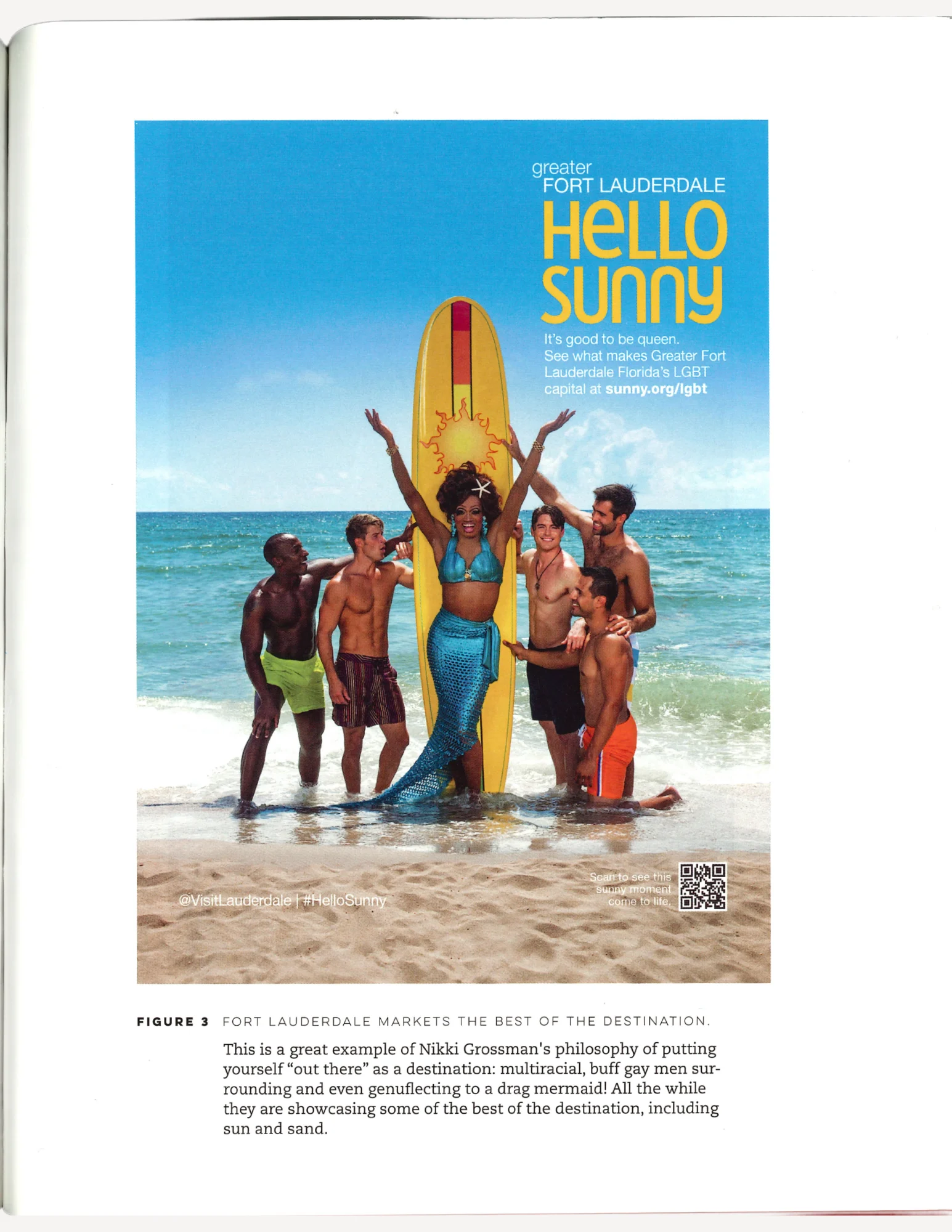 An advertisement for Fort Lauderdale featuring a genuflecting and mermaid-clad drag queen at the beach next to a surf board and buff gay men. The ocean is the backdrop.