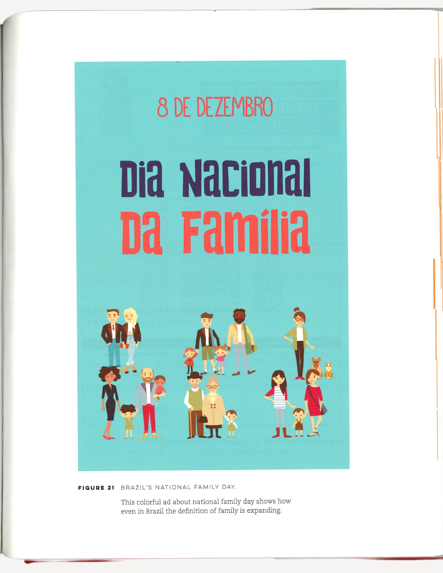 An advertisement for Brazil's National Family Day featuring diverse depictions of families. There is a lot of negative space filled by a vibrant blue background.