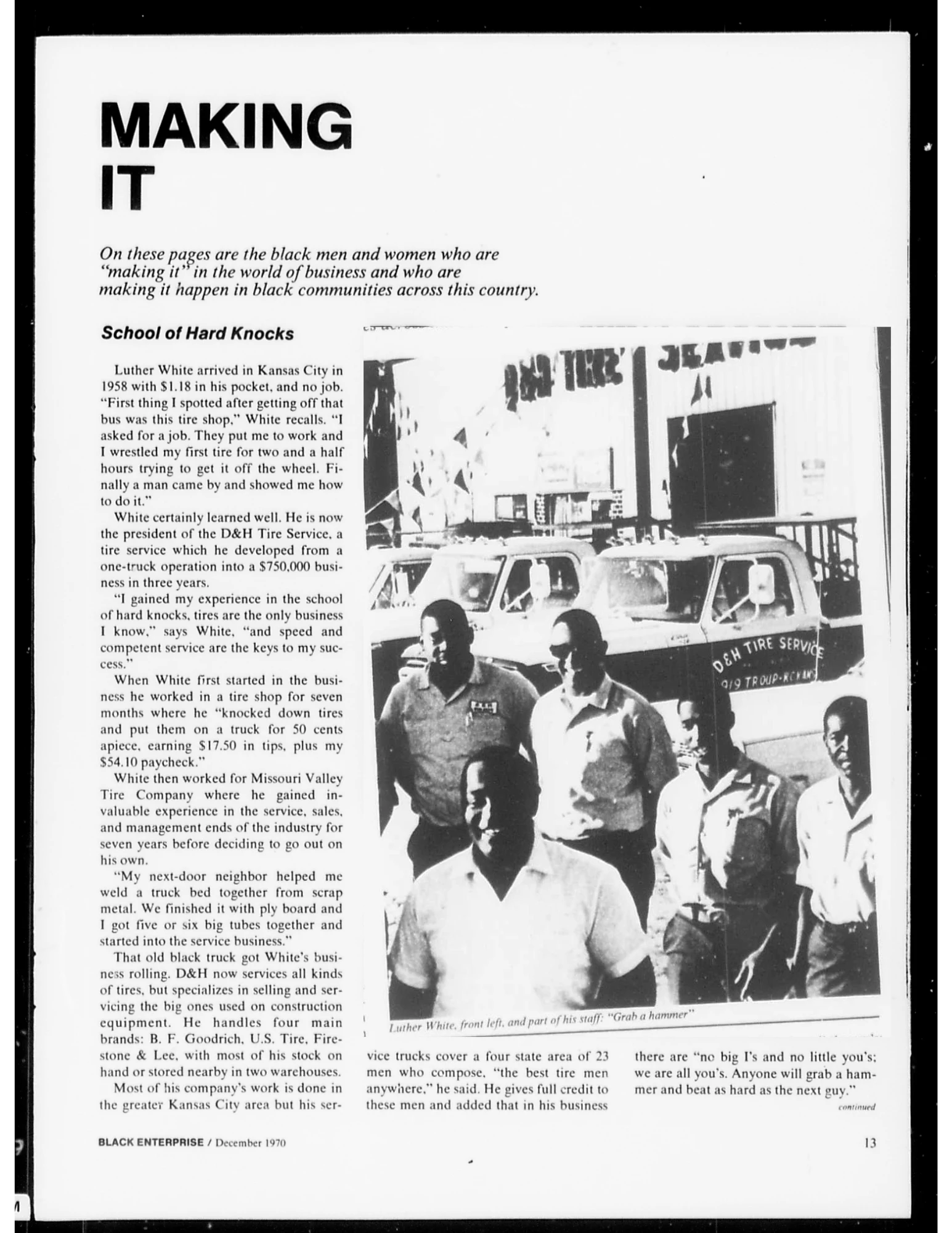 An article on successful Black business people; a group of tire service employees featured