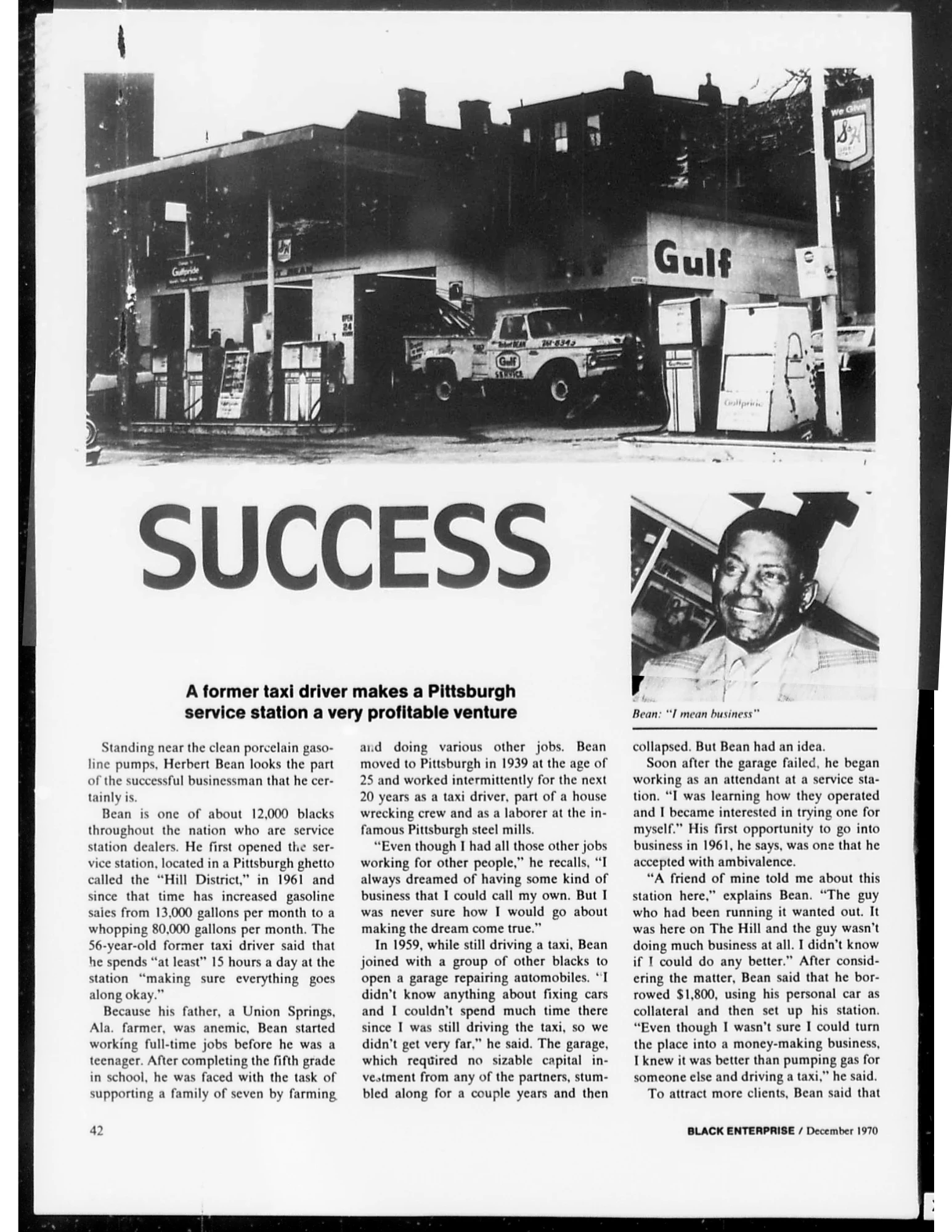 An article on the success of a Black businessman that includes a gas station and his face