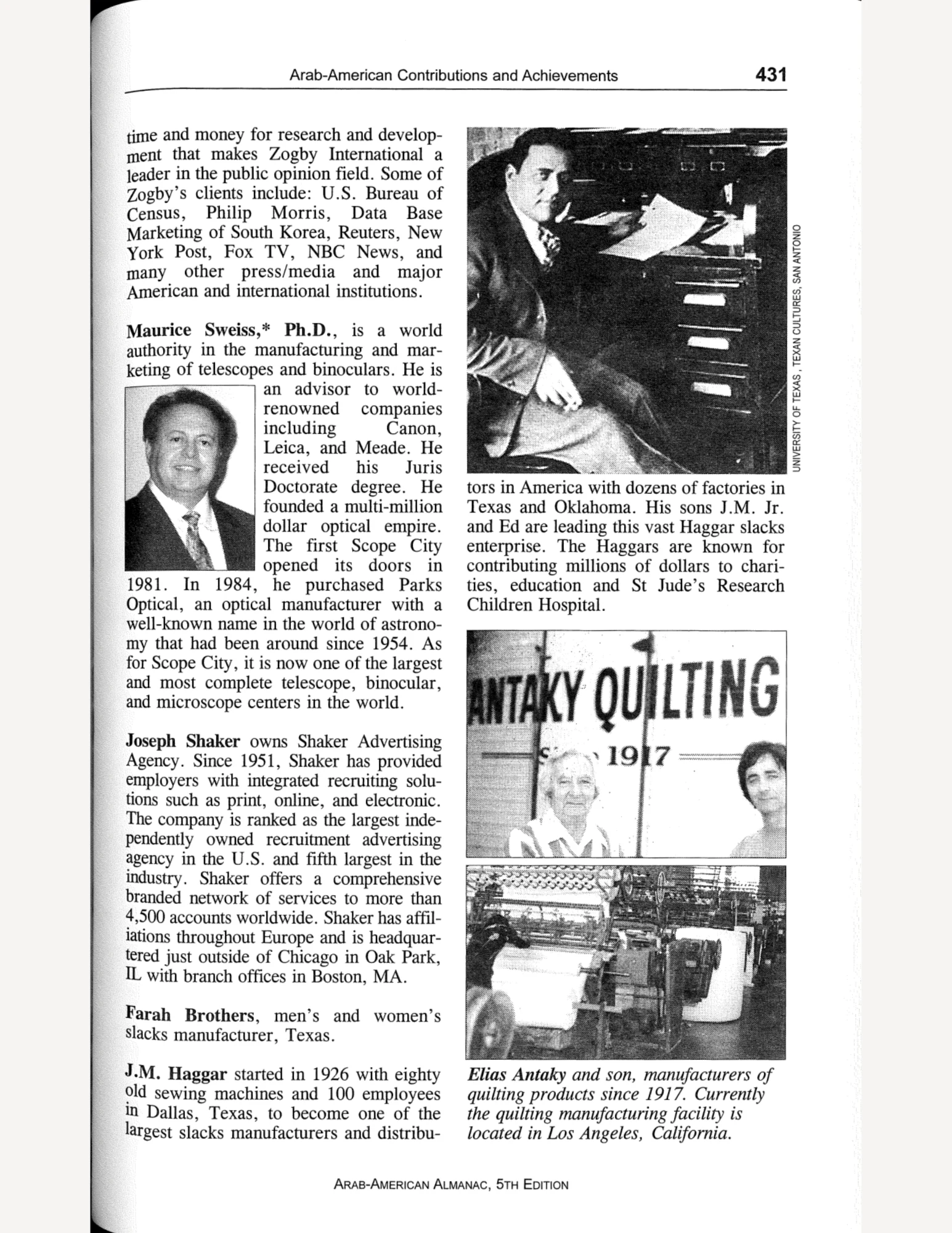 The business/finance ending section of the almanac. It includes text entries on prominent figures with some related images.