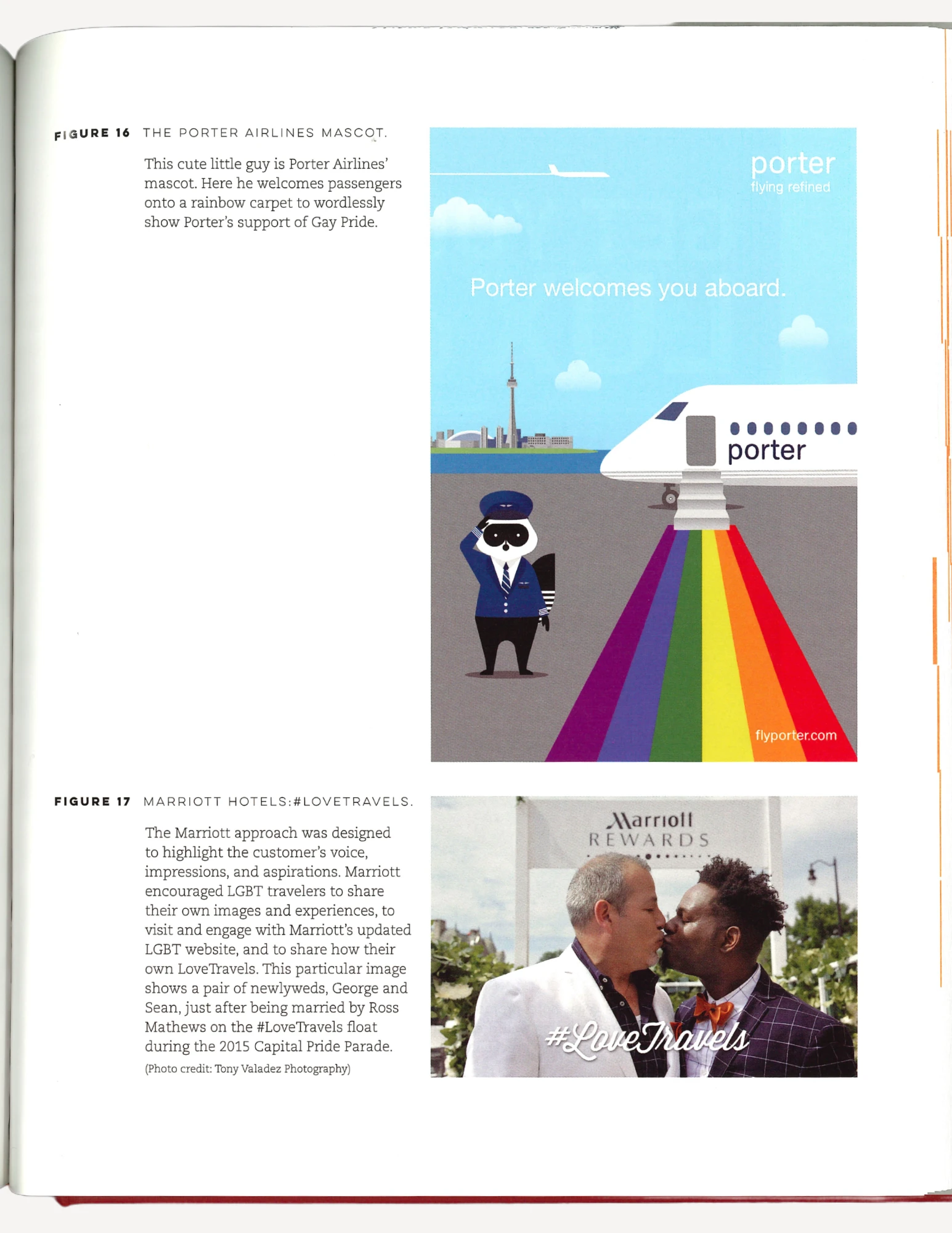 Advertisements for Porter Airlines and Marriott Hotels. The Porter ad features a raccoon pilot next to a rainbow runway and airplane. The Marriott ad features a white and Black man kissing is front of a Marriott sign.