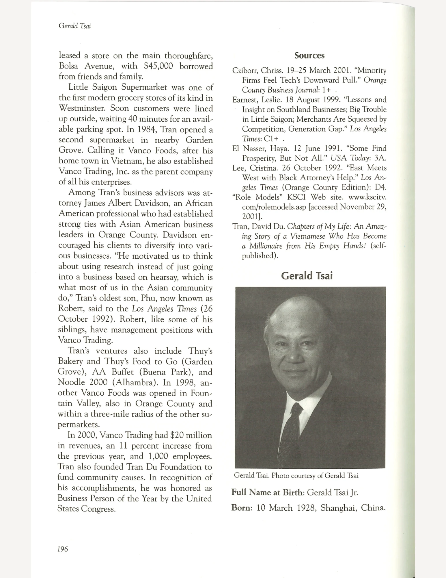 Scan of a book page that includes Gerald Tsai's profile photo.