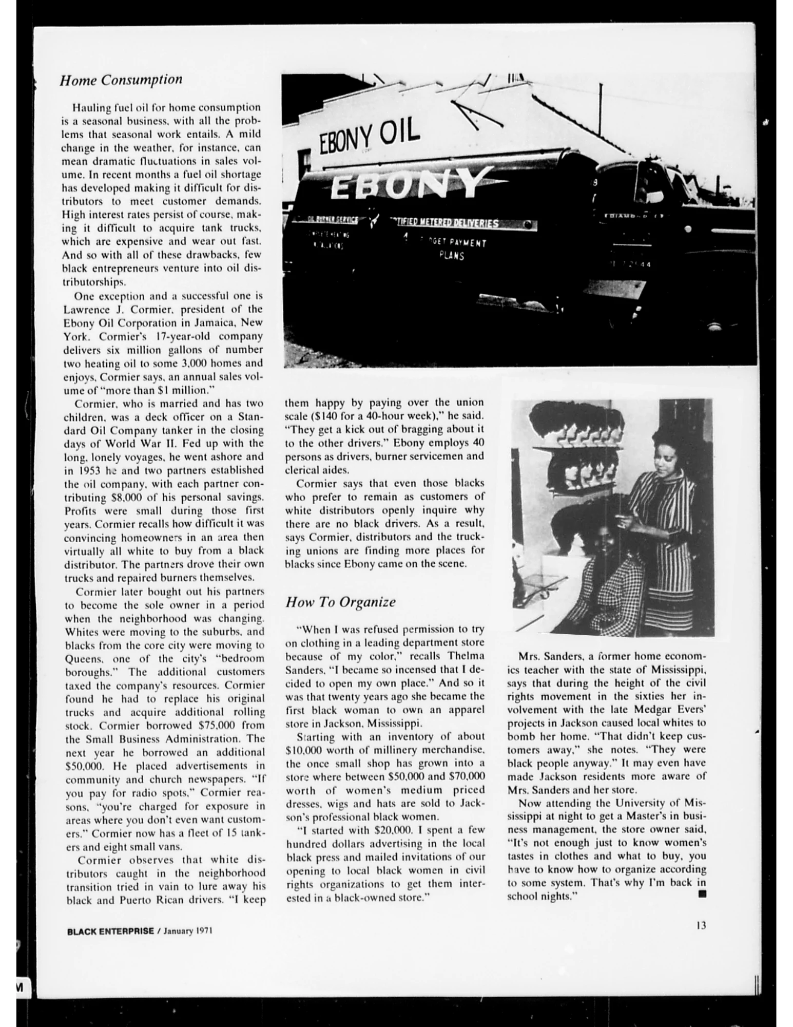 An article on successful Black business people; one on oil and the other on apparel 