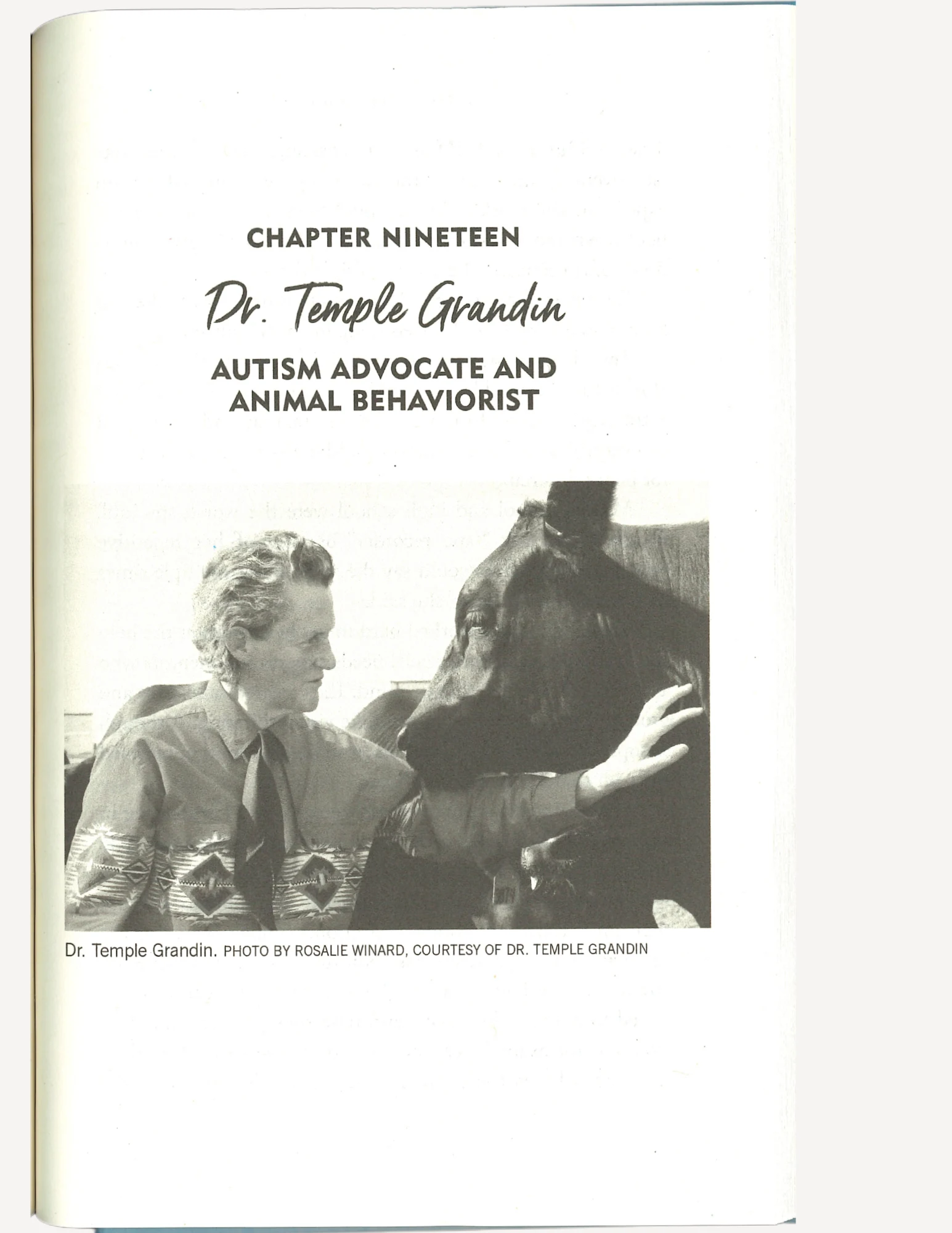 The chapter title page for chatper 19, which features Temple Grandin wearing a collared shirt with an ascot. Grandin is also making warm eye contact with a cow while petting it.