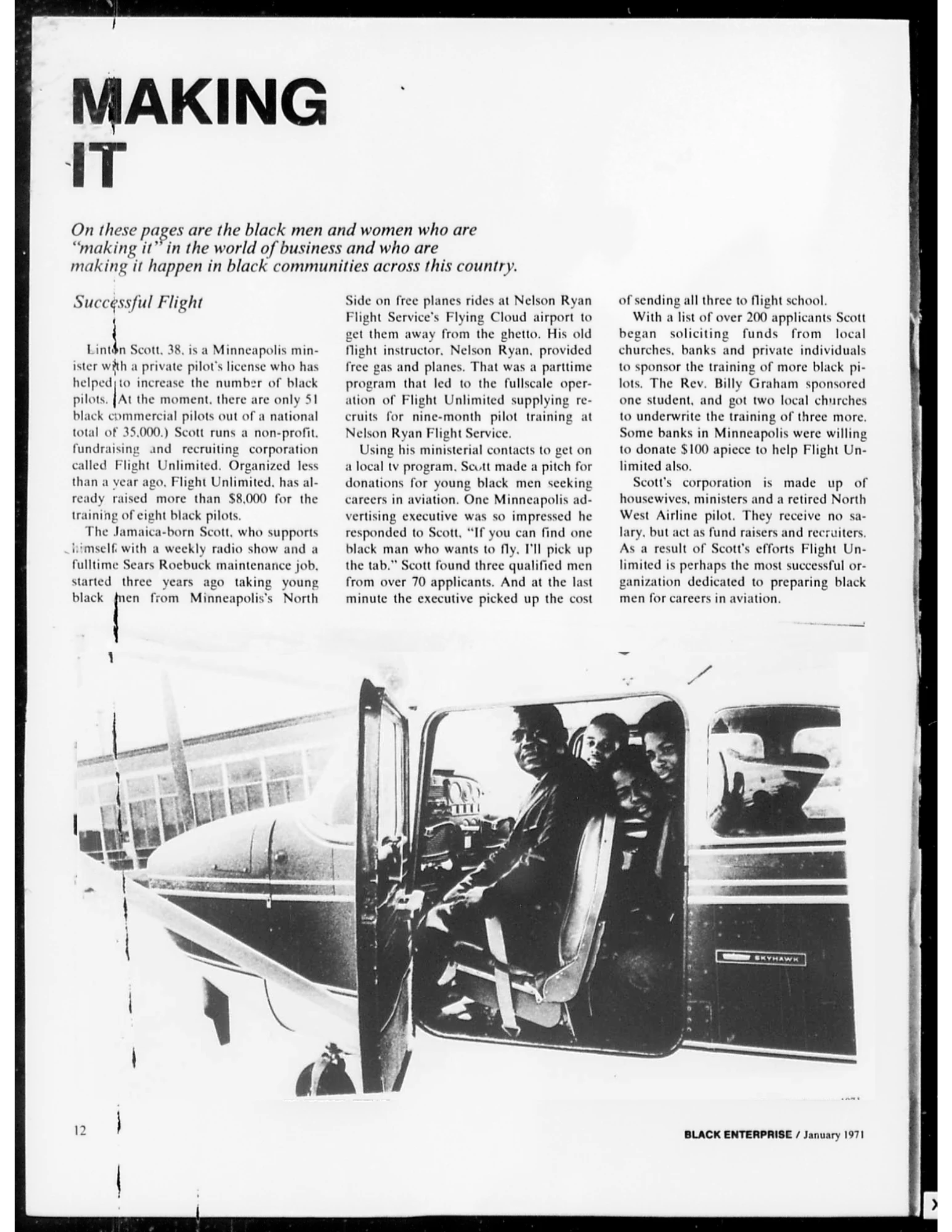 An article on successful Black business people; a pilot and his passengers featured on a plane