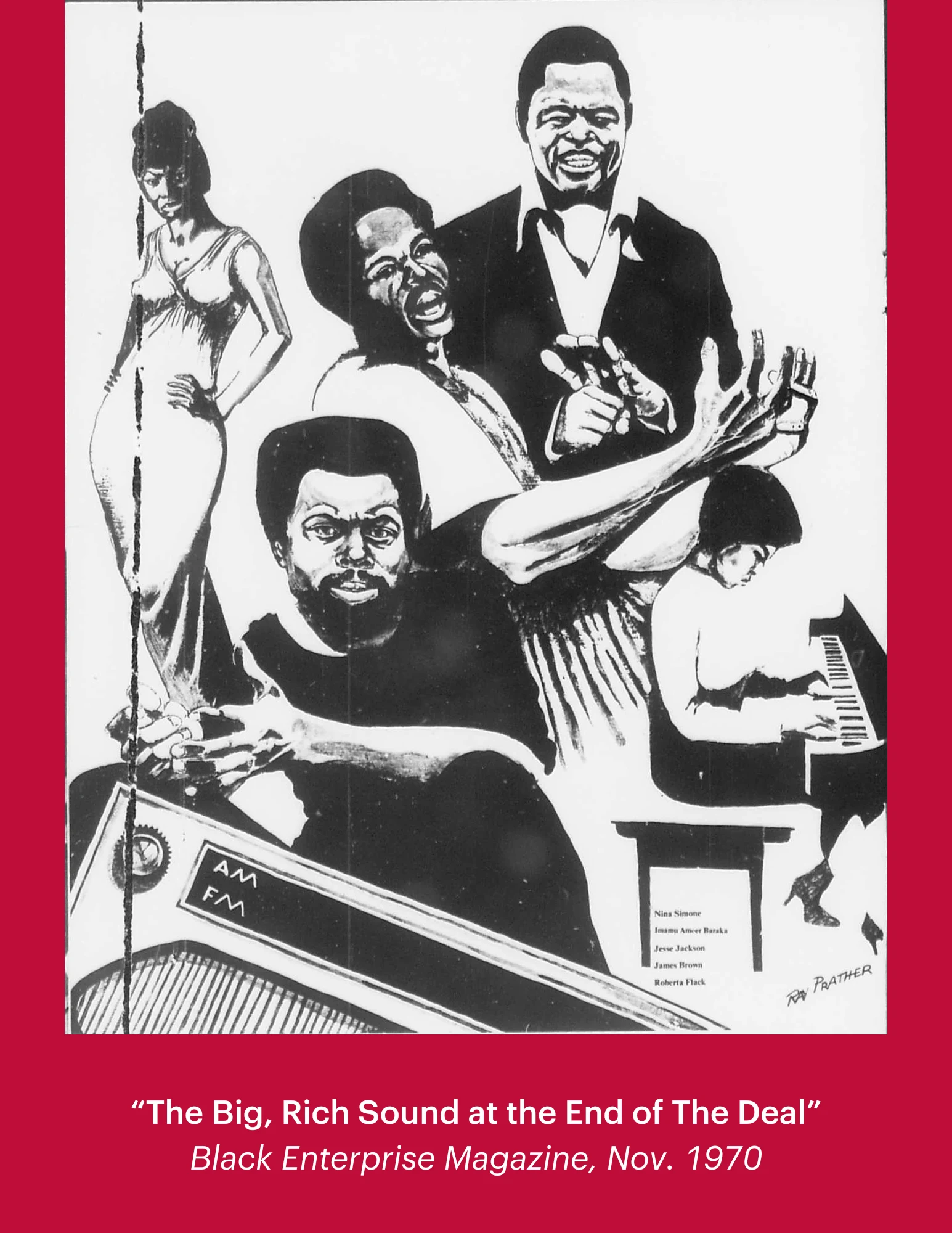 An illustration titled "The Big, Rich Sound at the End of the Deal" which appeared in Black Enterprise Magazine in November 1970.