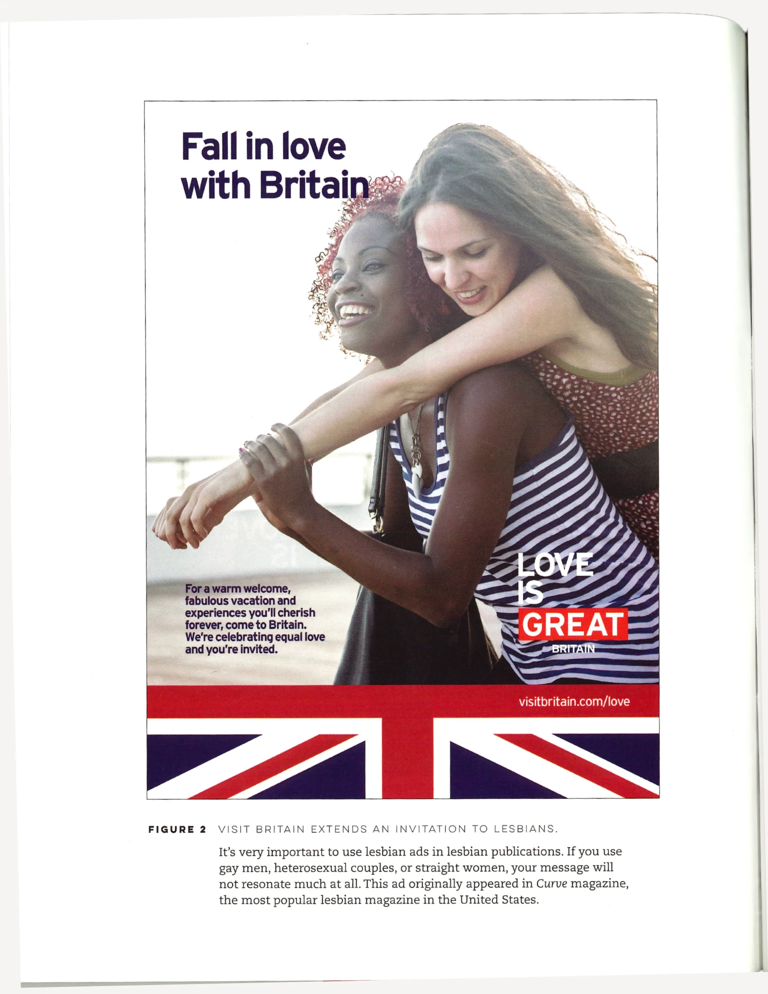 An advertisement for Britain featuring two lesbians: one a Black woman in a striped tank top and the other a white woman in a reddish polka dot dress. They are both smiling and the Black woman is pulling the white woman's arm playfully.