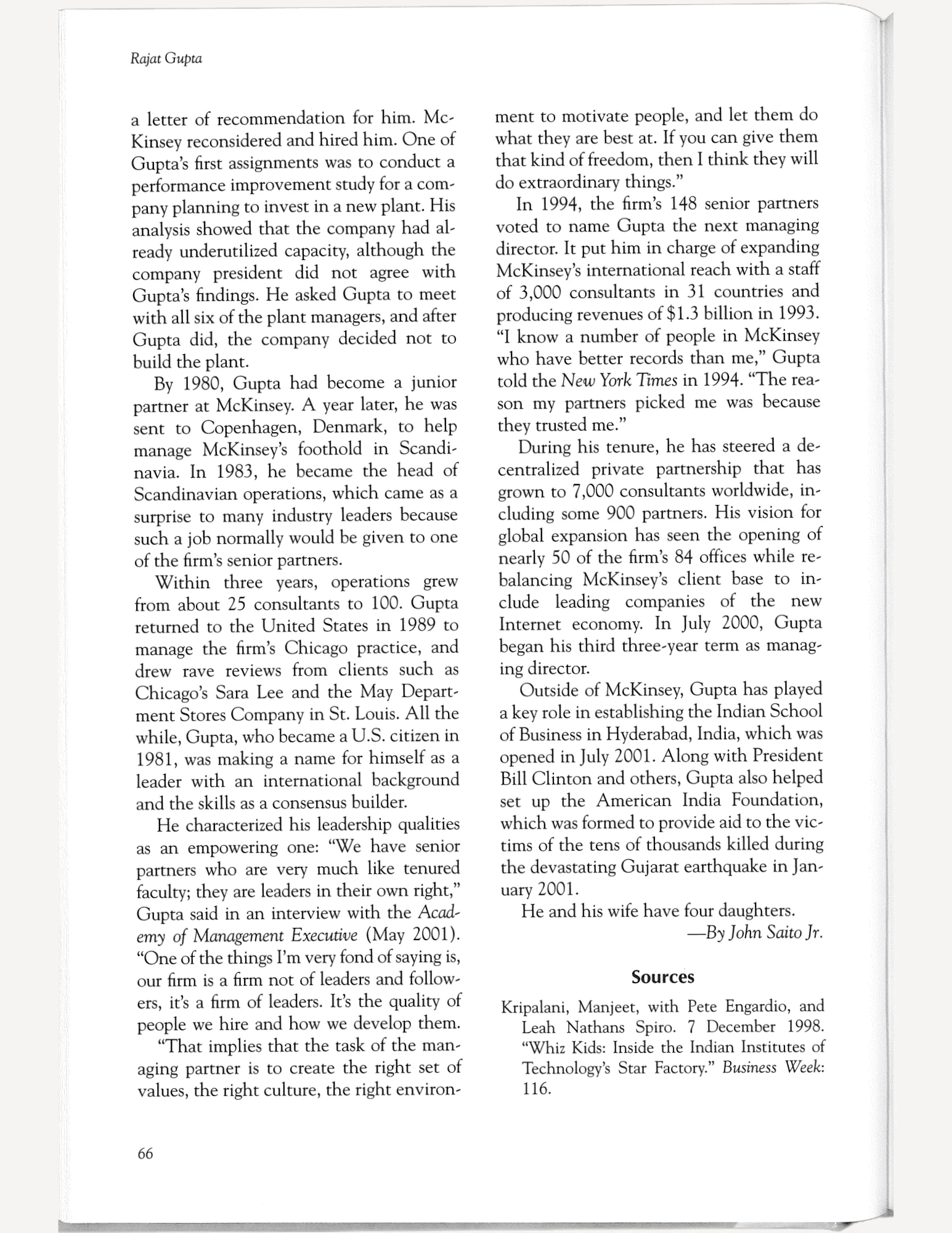 Scan of a page about Rajat Gupta's life continued.