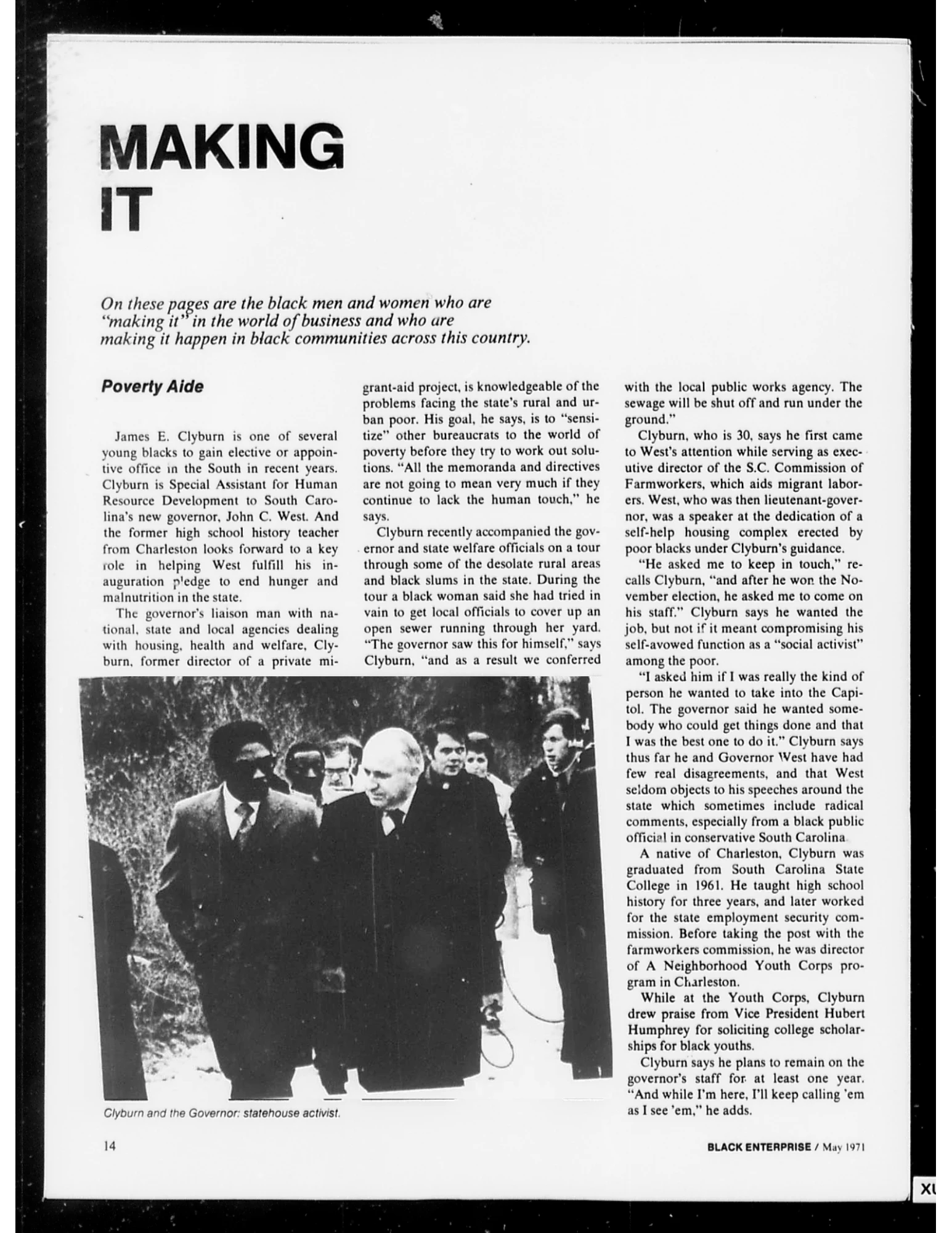 An article on successful Black business people; a profile on a poverty aide
