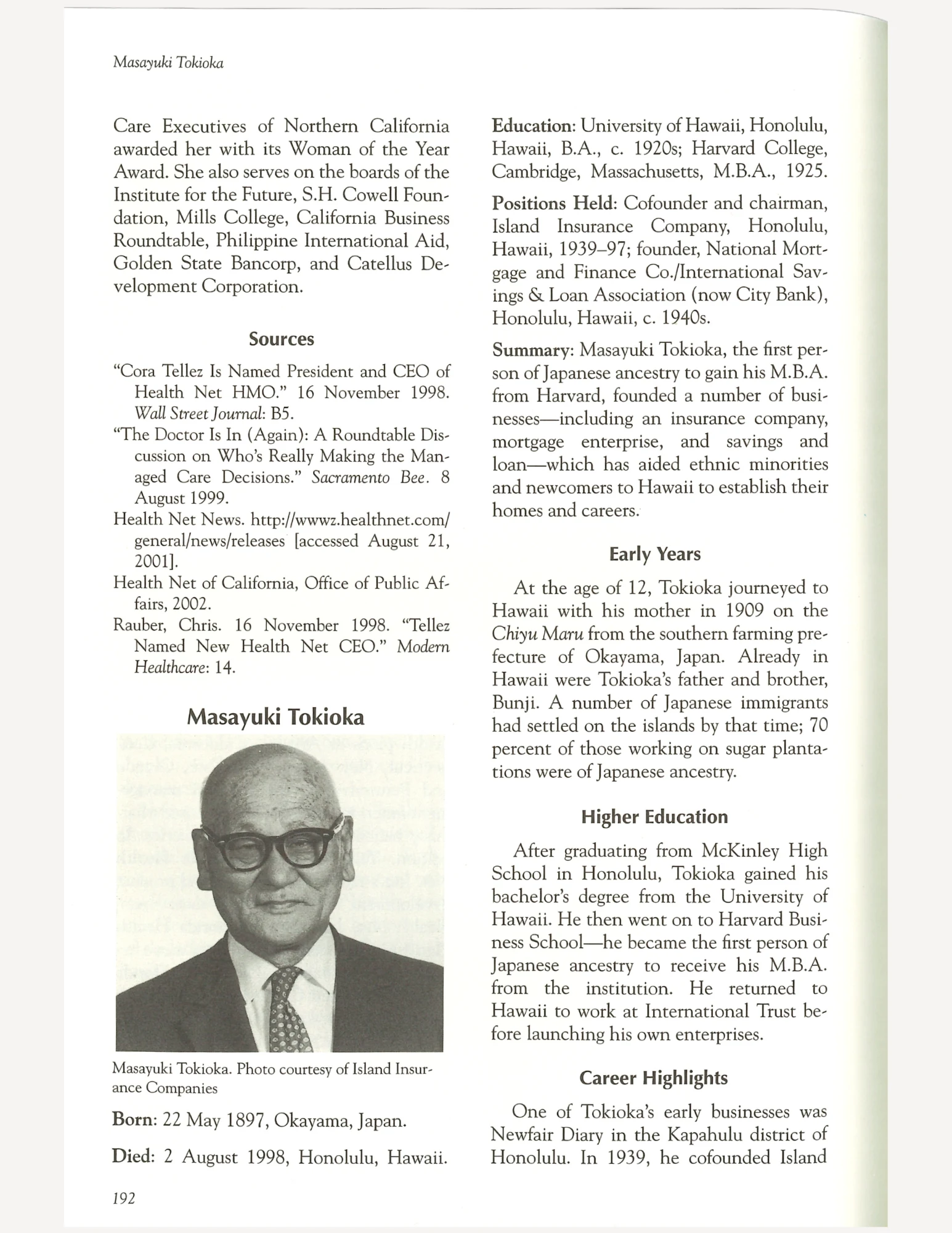 A biography of Masayuki Tokioka. Includes text and his profile photo.