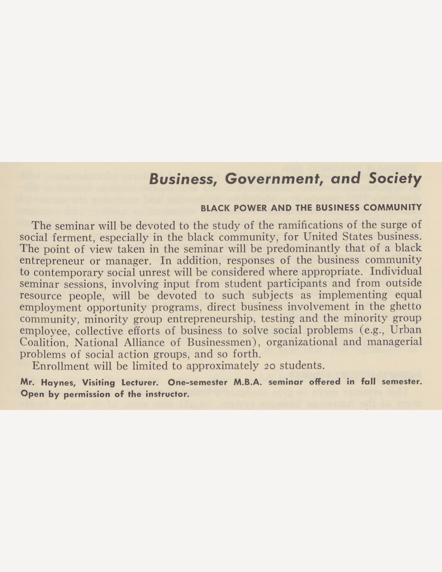 A description of the class "Black Power and the Business Community".