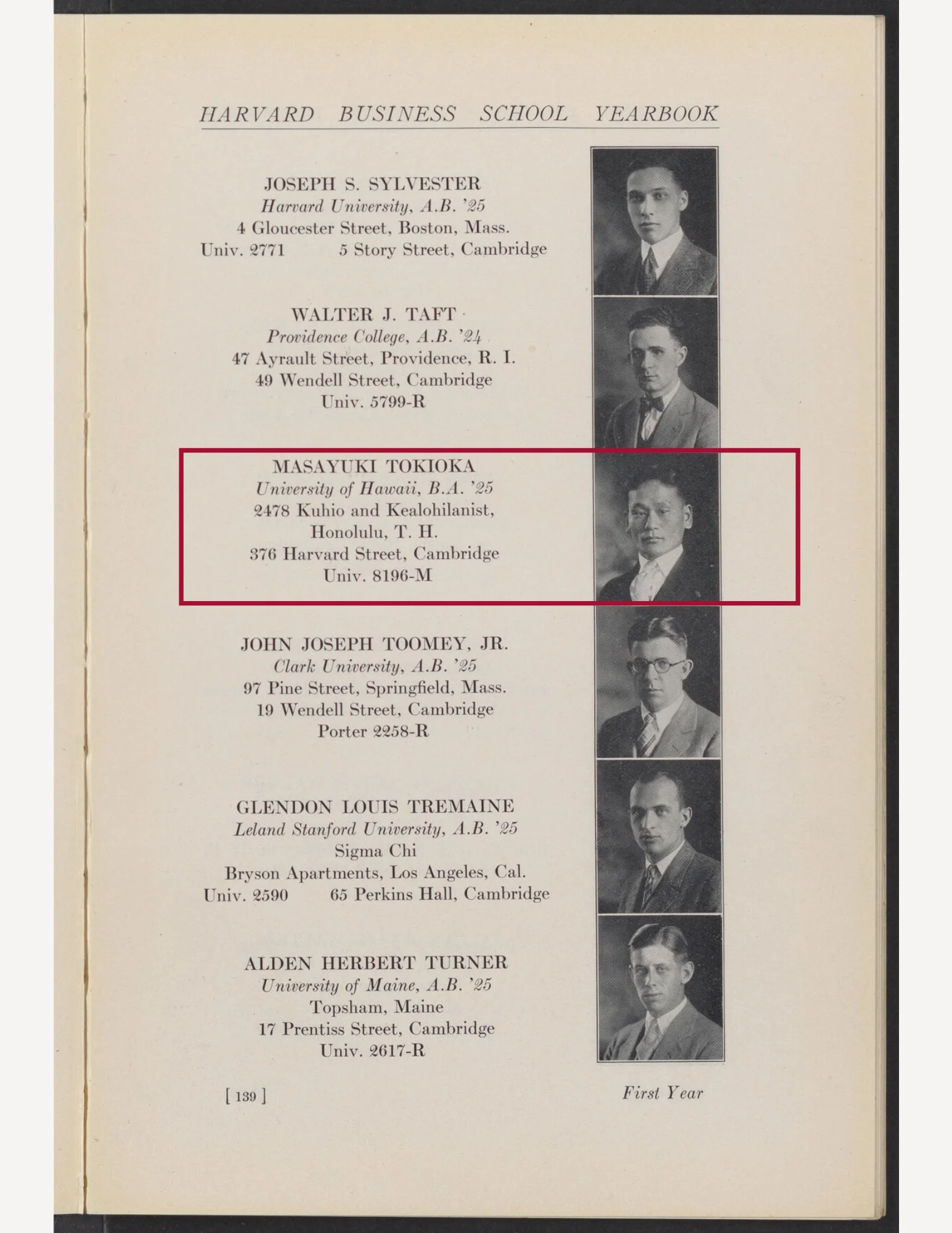 A yearbook page with the images, names, and addresses of individuals who attended HBS