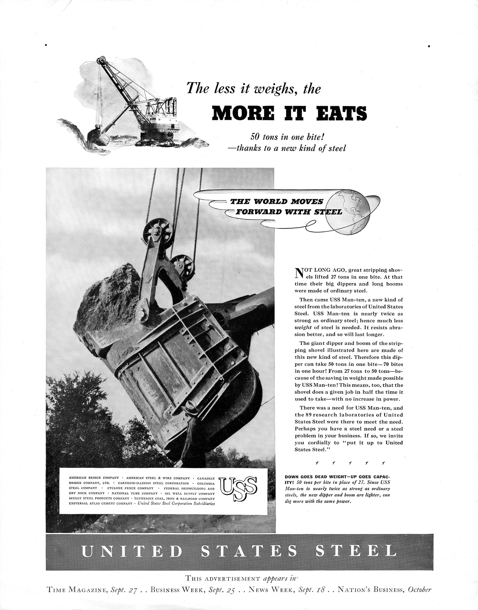 Vintage United States Steel ad showing two people standing in a giant steel shovel bucket with text promoting lighter, stronger USS Man-ten steel.