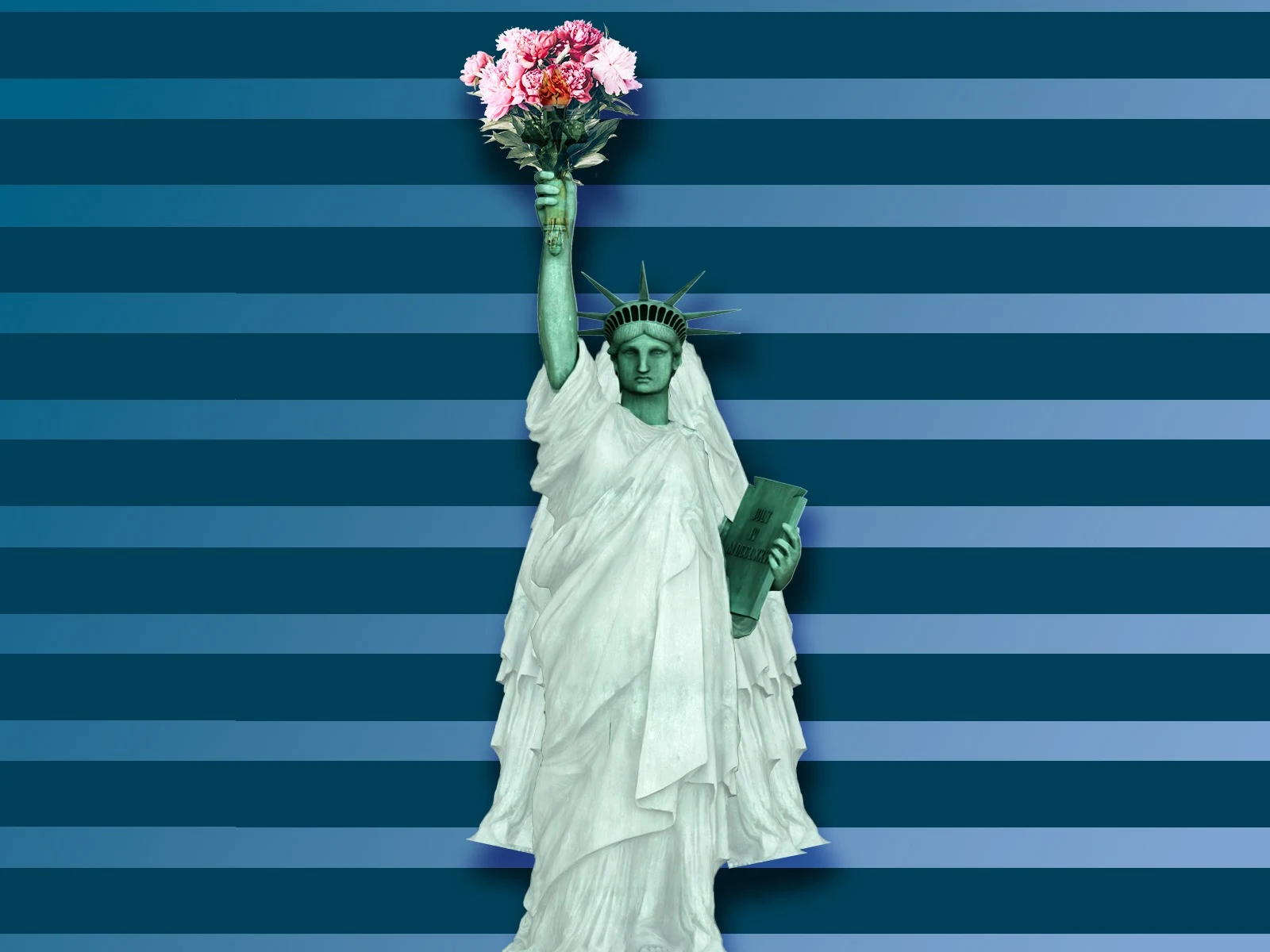 Statue of Liberty dressed in bridal wear, holding a bouquet instead of a torch.