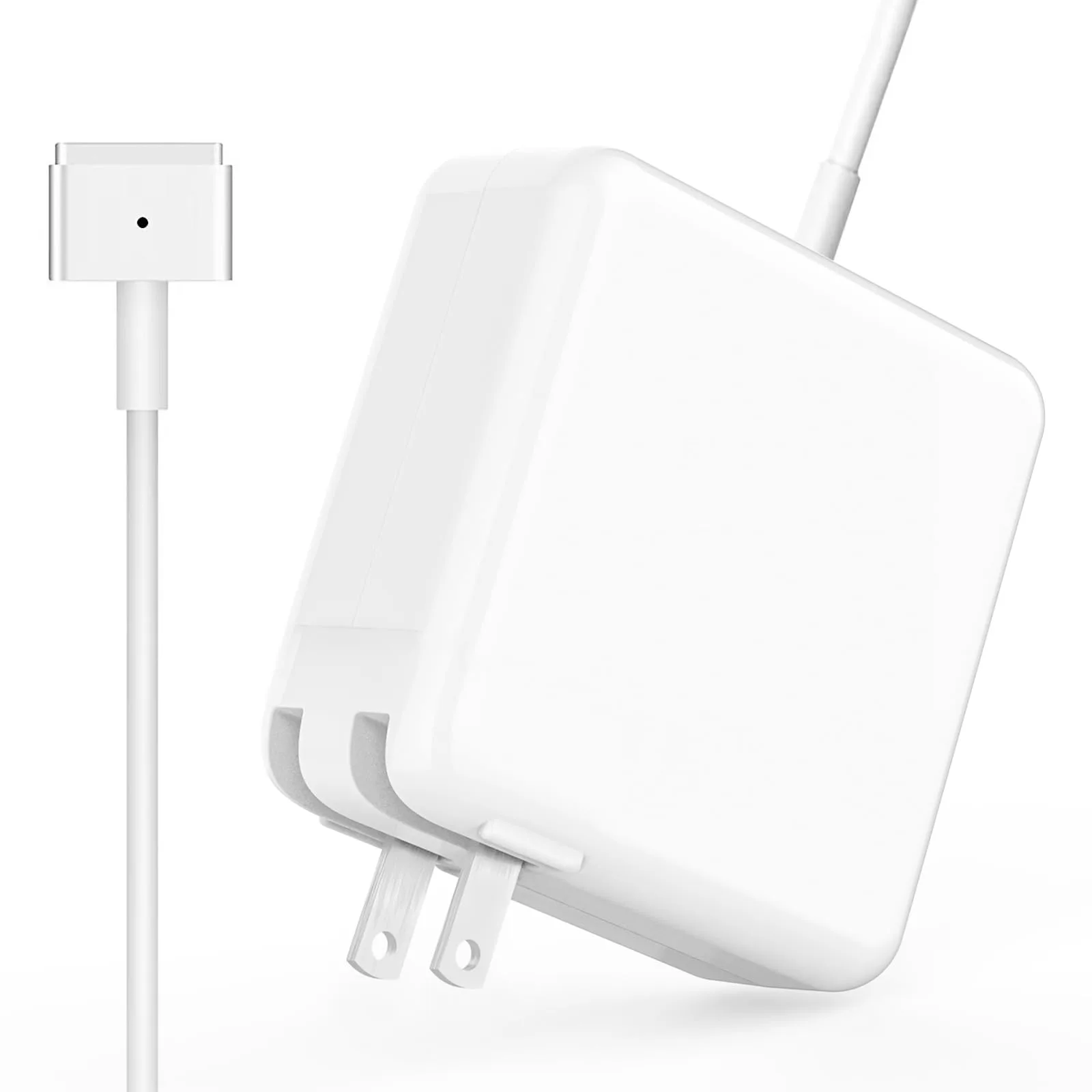 A white MagSafe computer charger by Apple.