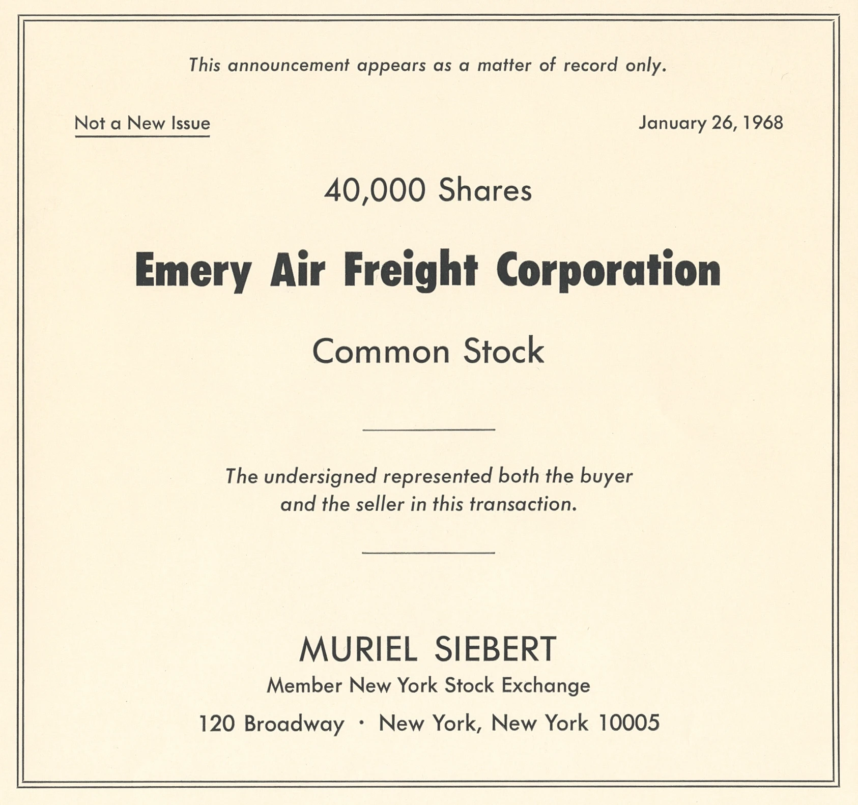 1968 stock sale notice for 40,000 shares of Emery Air Freight by Muriel Siebert, NYSE member and broker