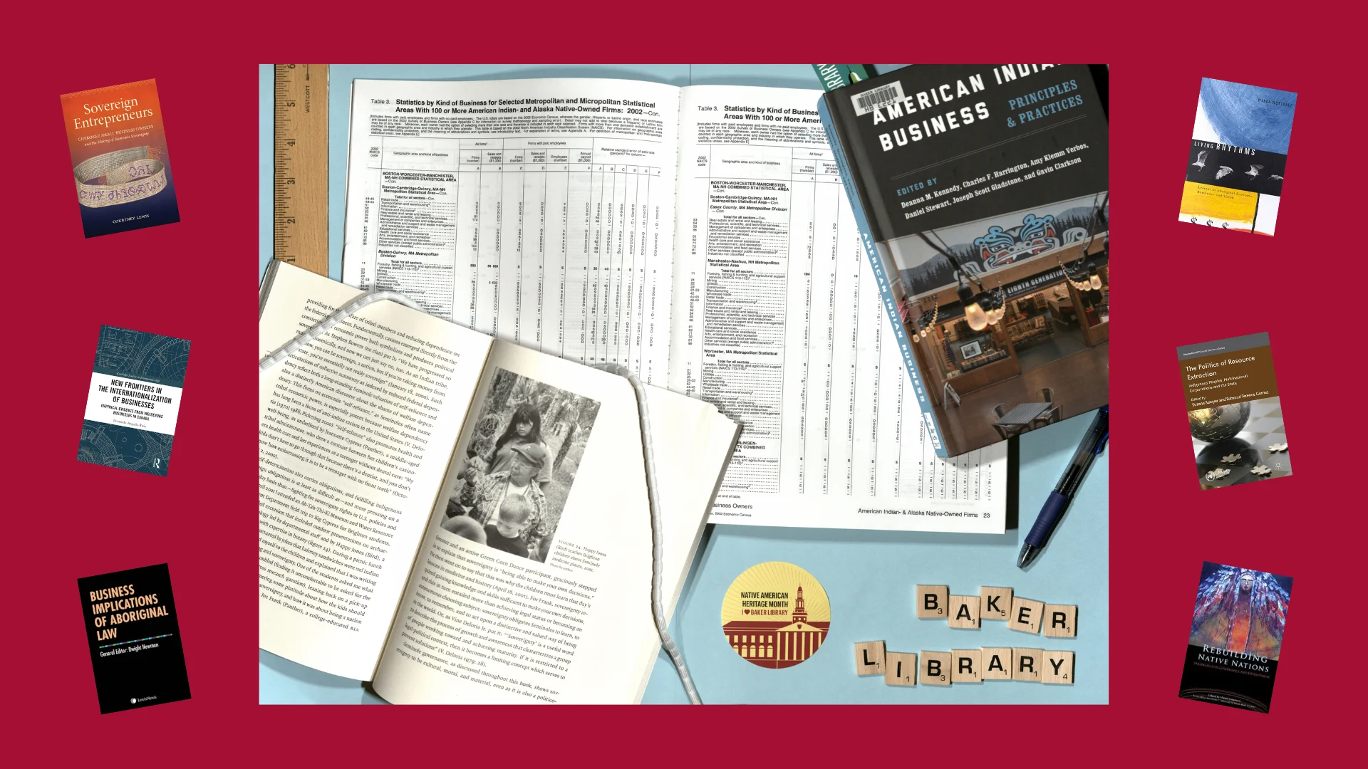 3 books on blue paper with a wooden ruler, a pen, a Baker Library button, and Scrabble letters spelling out "Baker Library"