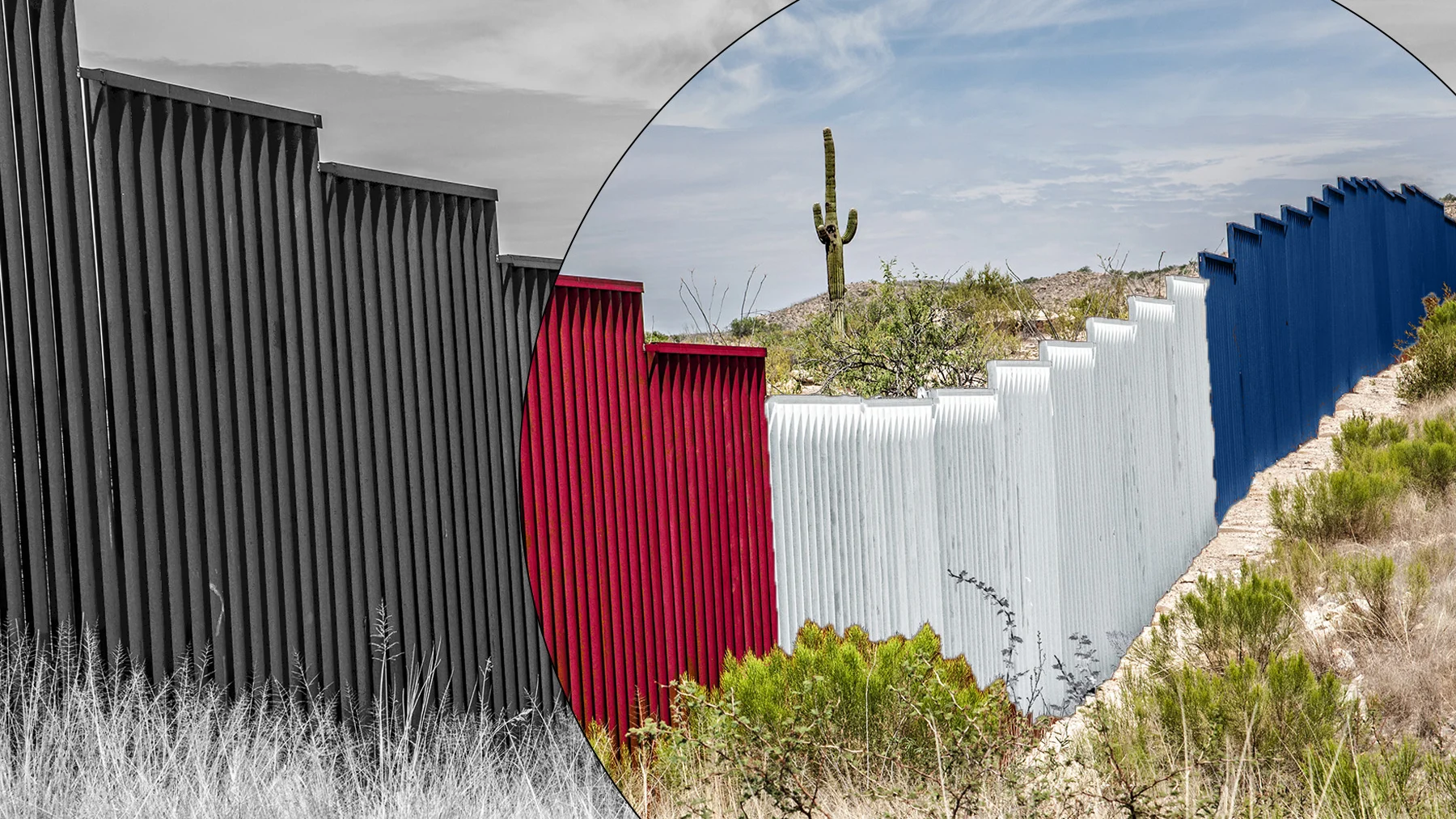 Border wall in the desert, mostly b&w image, except for highlighted area where the wall is red, white and blue.
