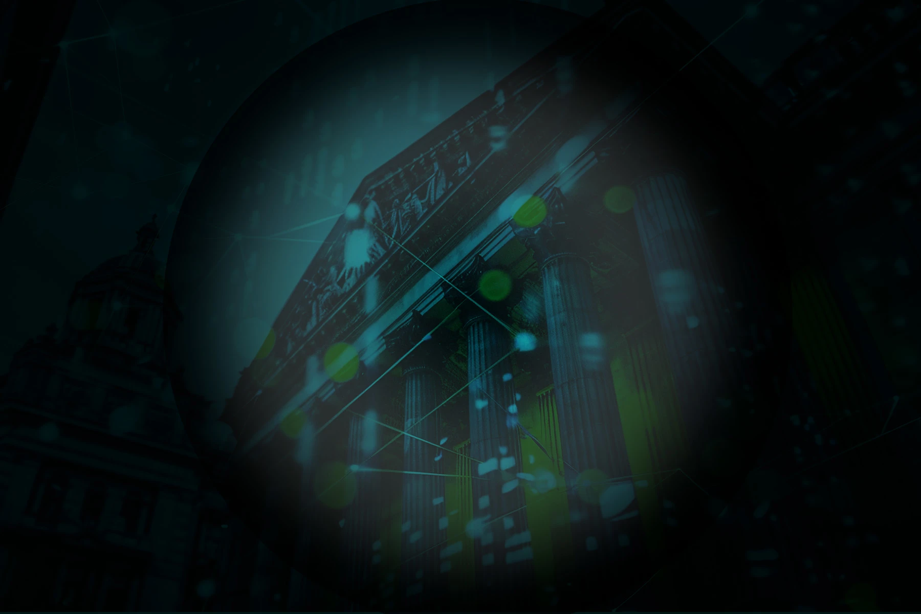 Spotlight circle highlighting financial building superimposed with graph lines and dots.