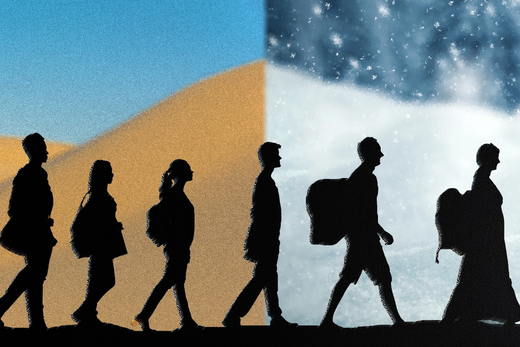 People walking and carrying large bags, against background of desert mountain and snowy mountain.