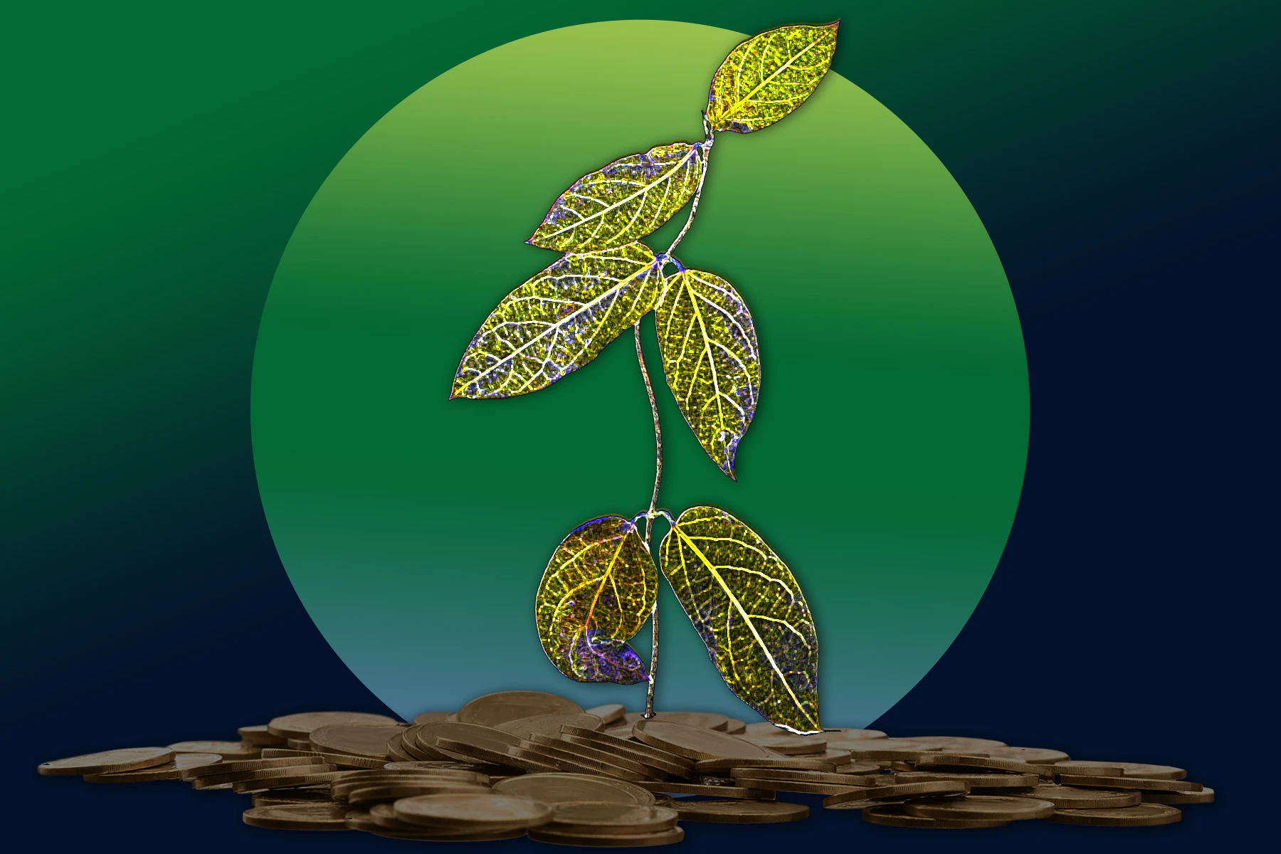 Plant growing from a pile of coins. 