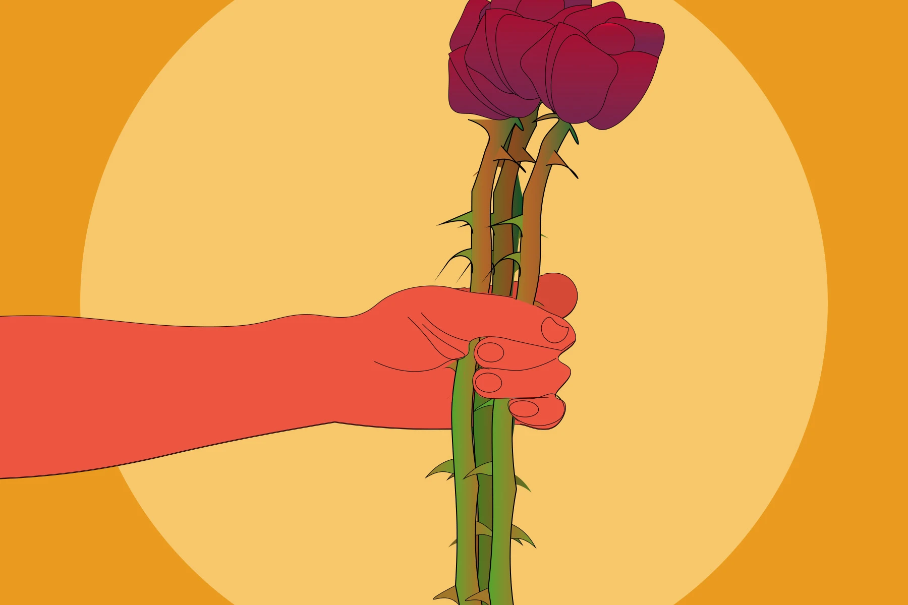 Hand holding flowers with large thorns.