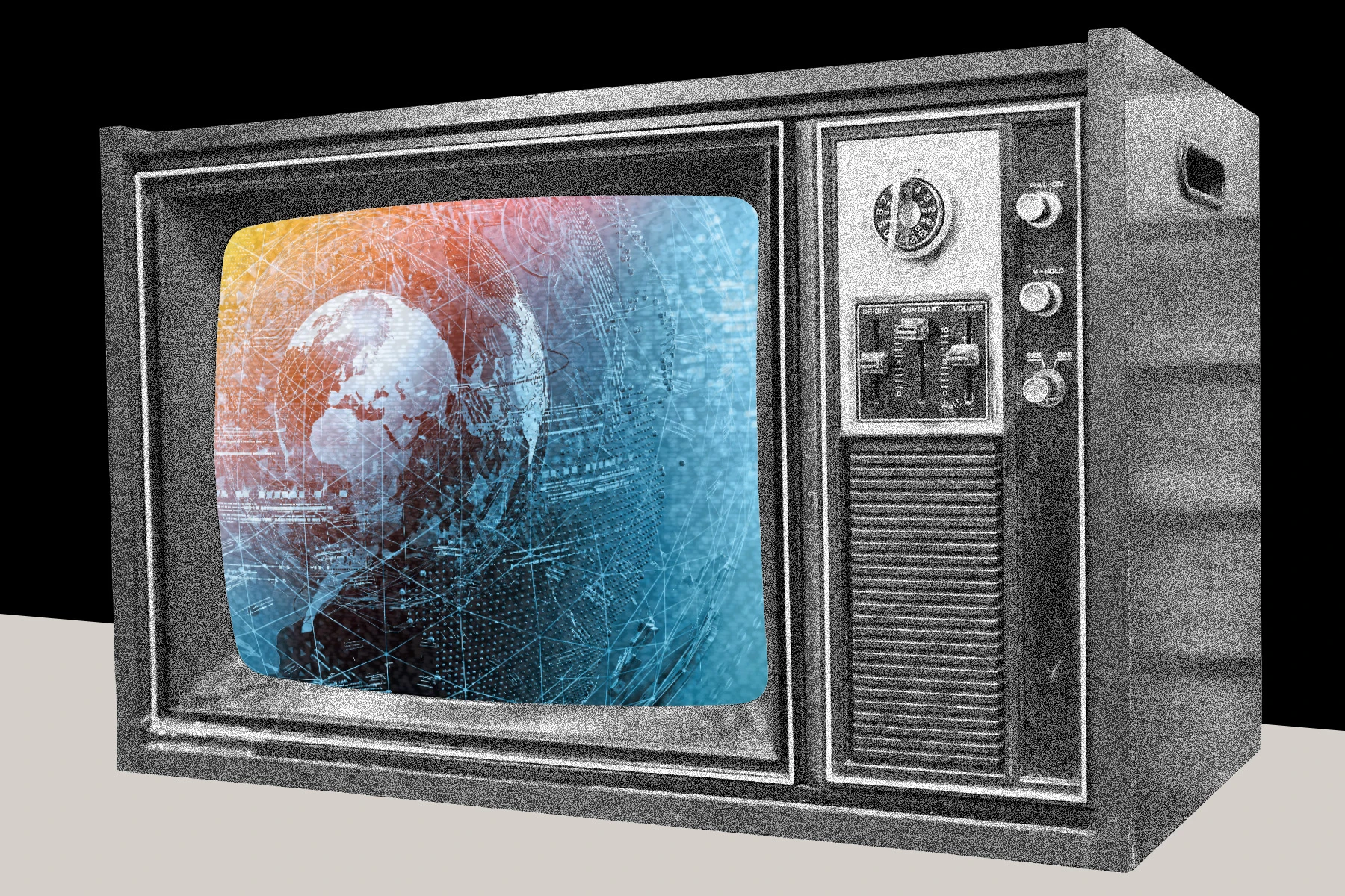 Old-fashioned TV with grainy screen.