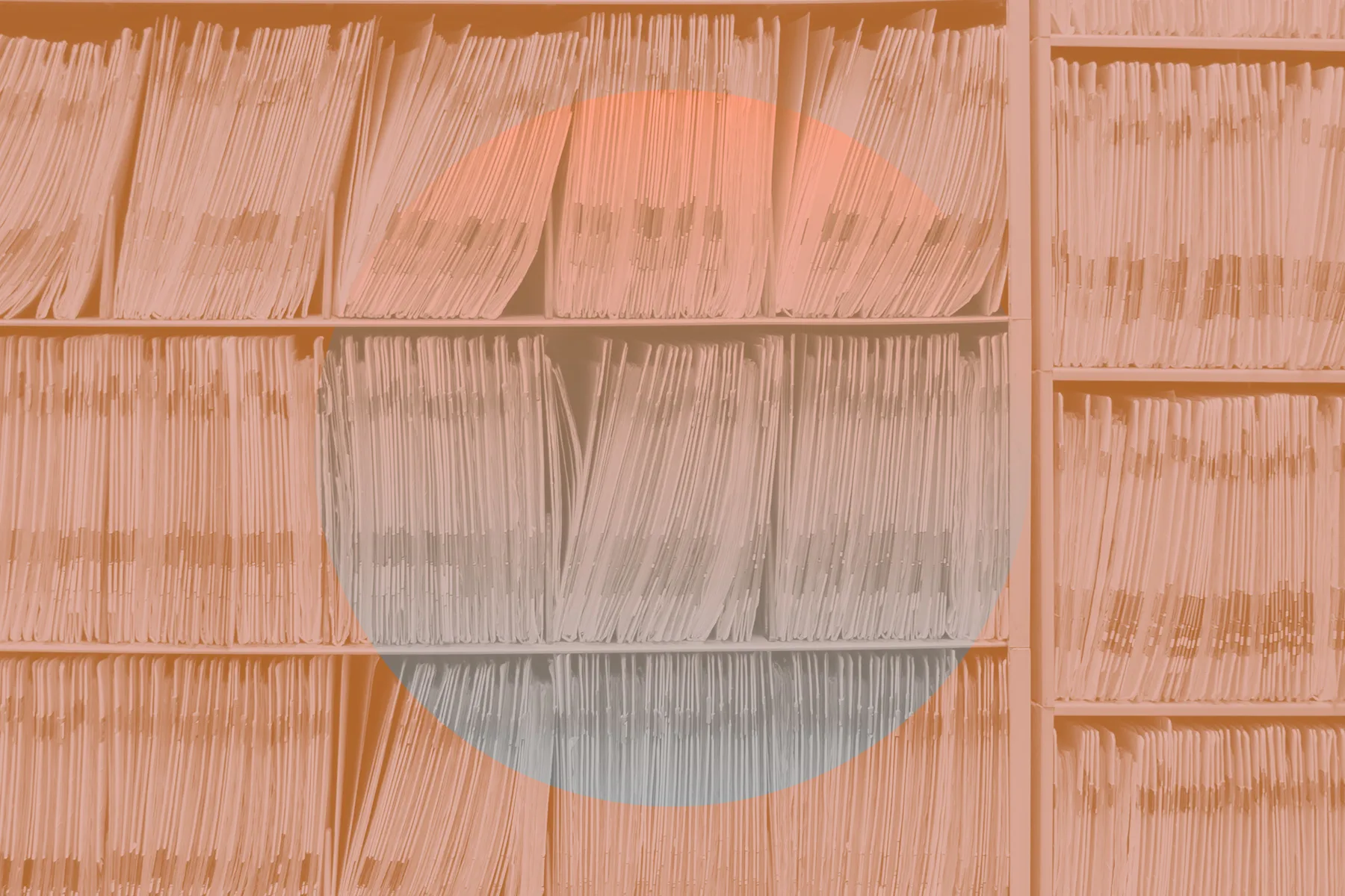 Files on a shelf with overlay of artful pattern. 