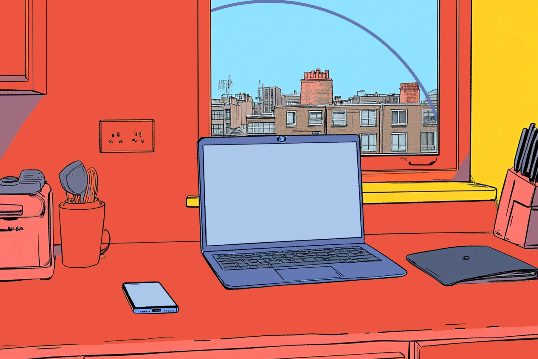 Computer on desk, in a comic style, with a window in the background overlooking a city.