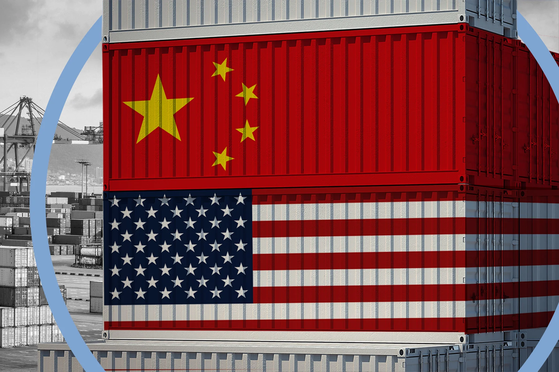 Stacked shipping containers, one with a Chinese flag, one with an American flag in foreground, shipping port in background.