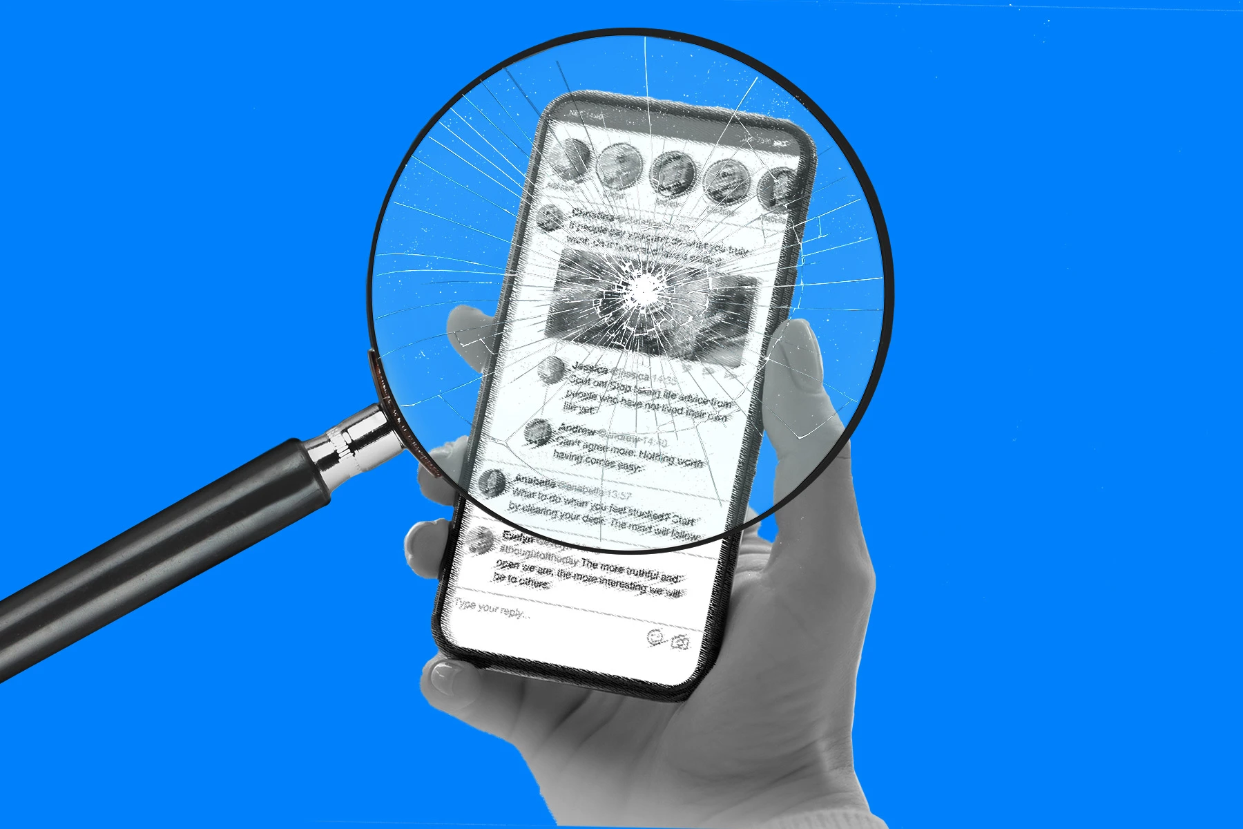 Magnifying glass that's broken in front of a phone, against a blue background. 